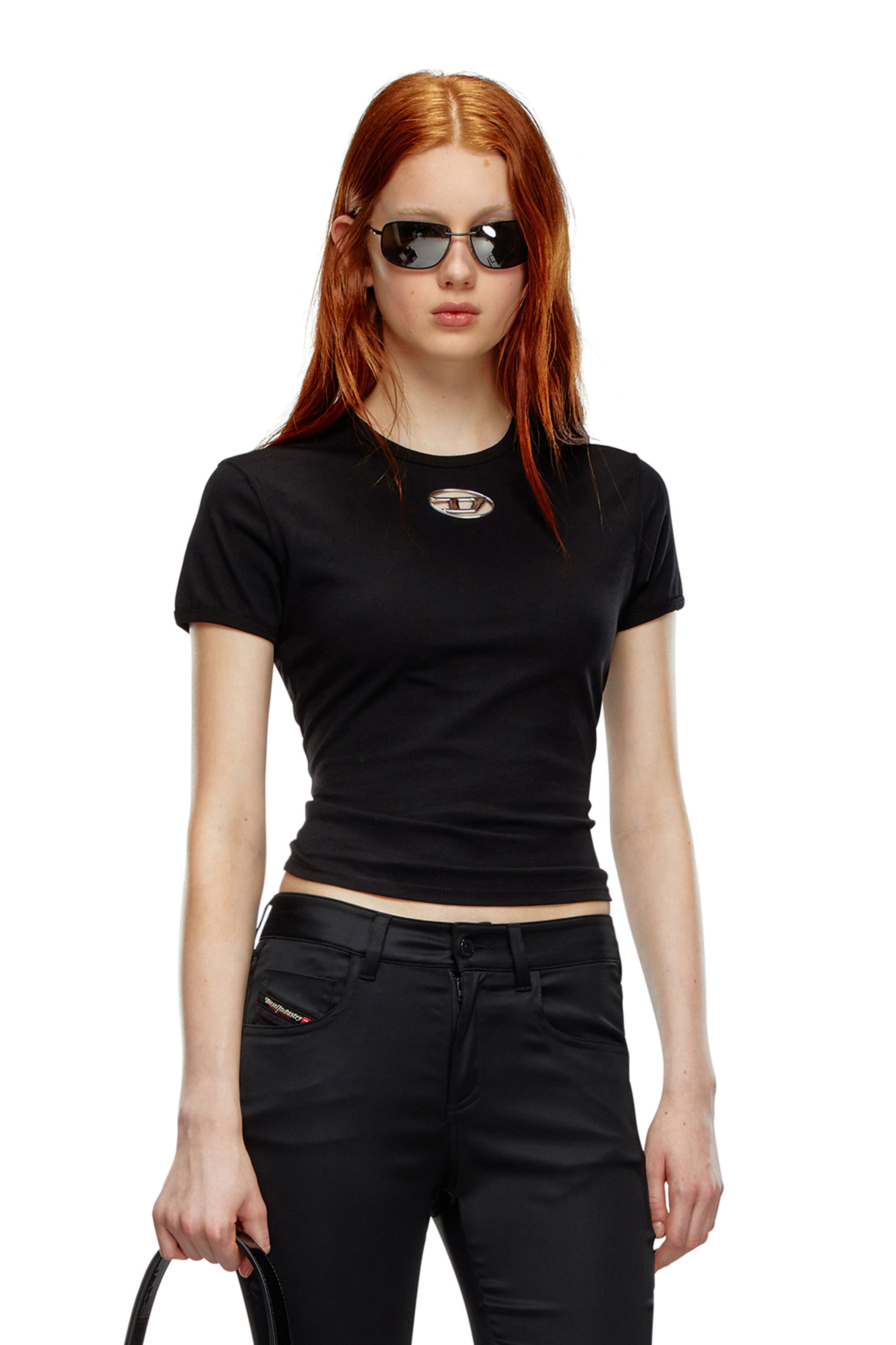 Diesel - T-UNCUTIE-LONG-OD, Woman T-shirt with injection-moulded Oval D in Black - Image 3
