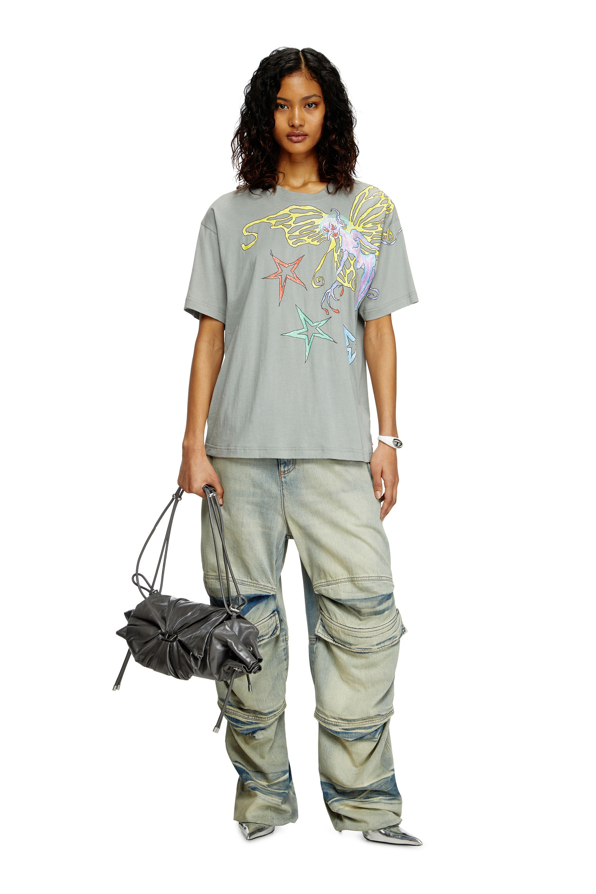 Diesel - T-BUXT-Q1, Woman's T-shirt with graphic print in Light Grey - 1