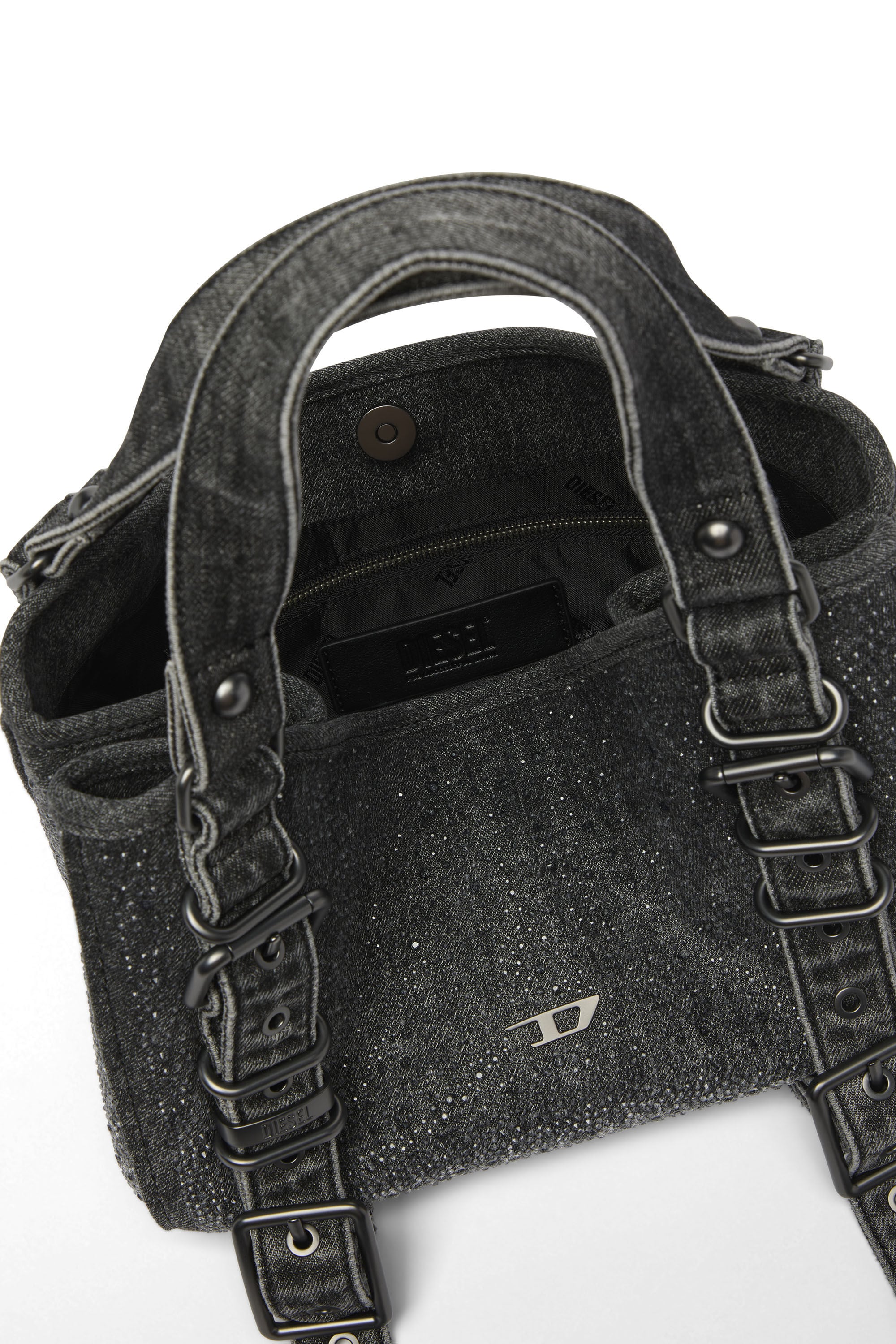 Diesel - D-ONE TOPHANDLE S, Woman's D-One-Small top-handle bag in crystal solarised denim in Black - 3
