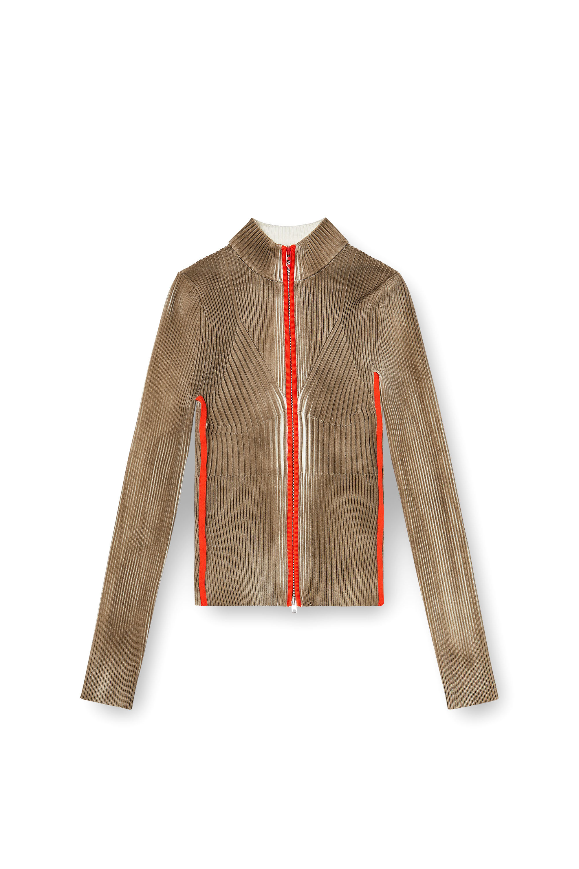 Diesel - M-SARMA, Woman's Ribbed zip cardigan with contrast bands in Red/Brown - 2