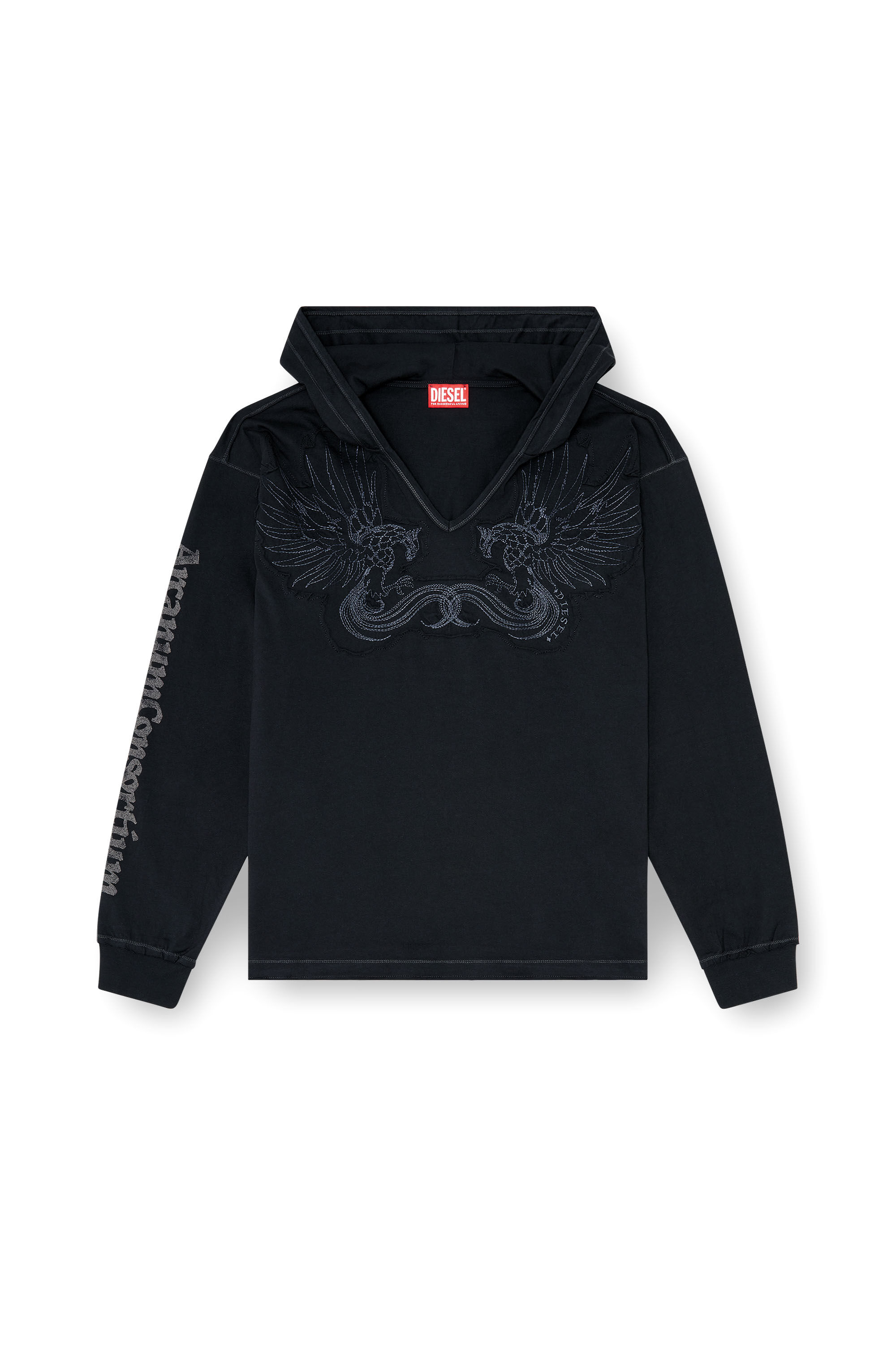 Diesel - T-PHEN-LS-HOOD-RIB, Man's Hoodie with V-neck and embroidered front in Black - 2