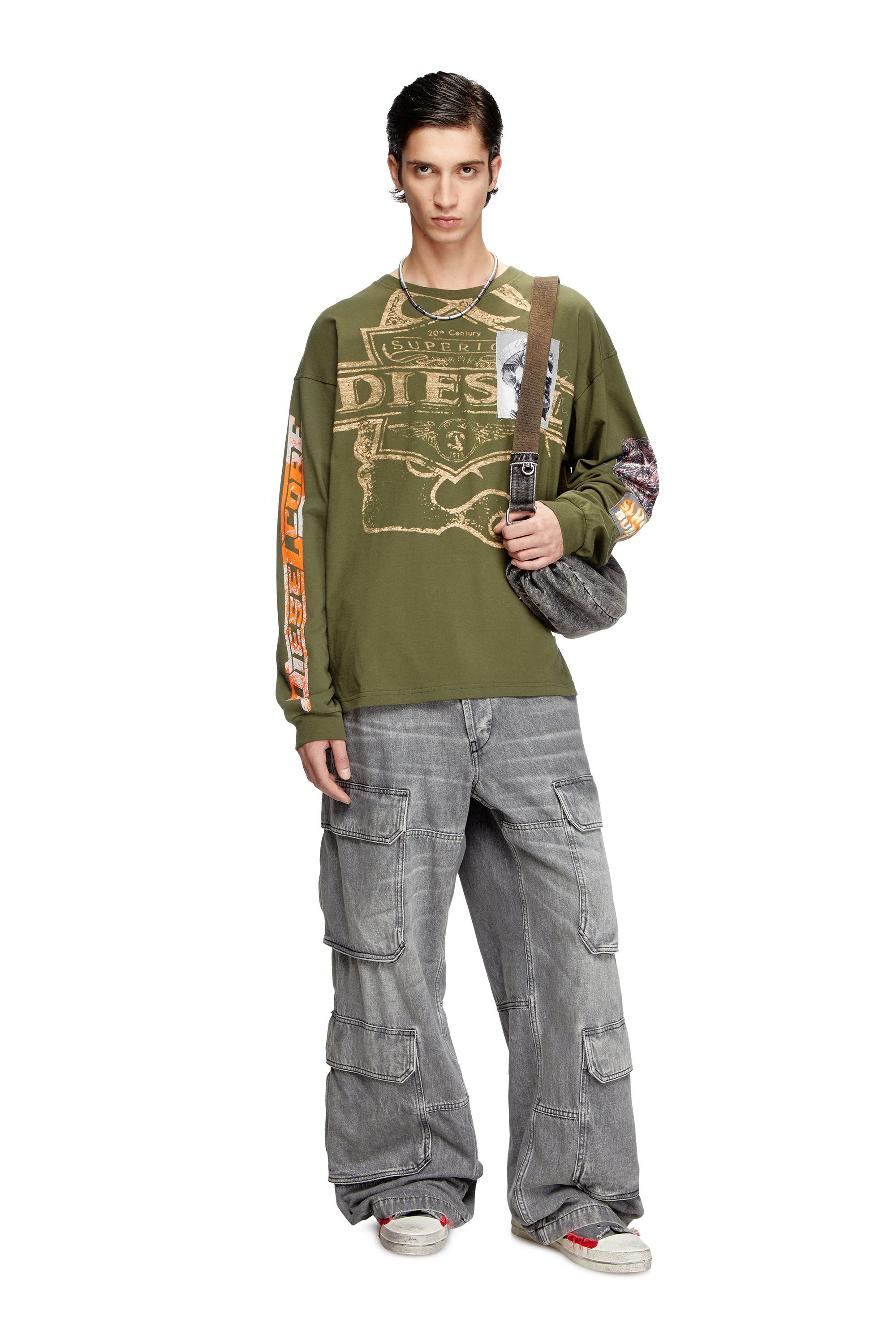 Diesel - T-BOXT-LS-SLITS-R5, Man's Long-sleeve T-shirt with graphic patches in Military Green - 1