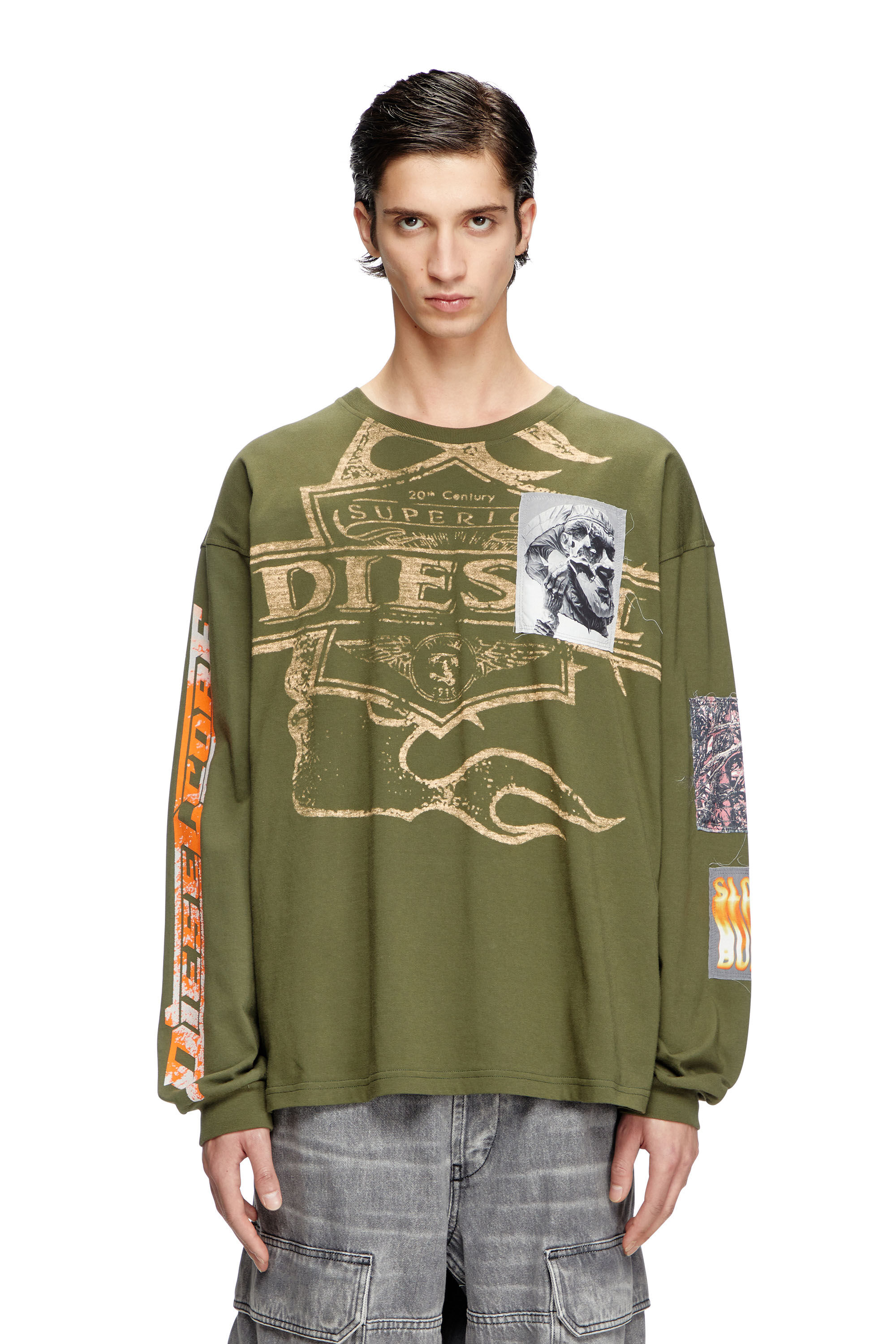 Diesel - T-BOXT-LS-SLITS-R5, Man's Long-sleeve T-shirt with graphic patches in Military Green - 3