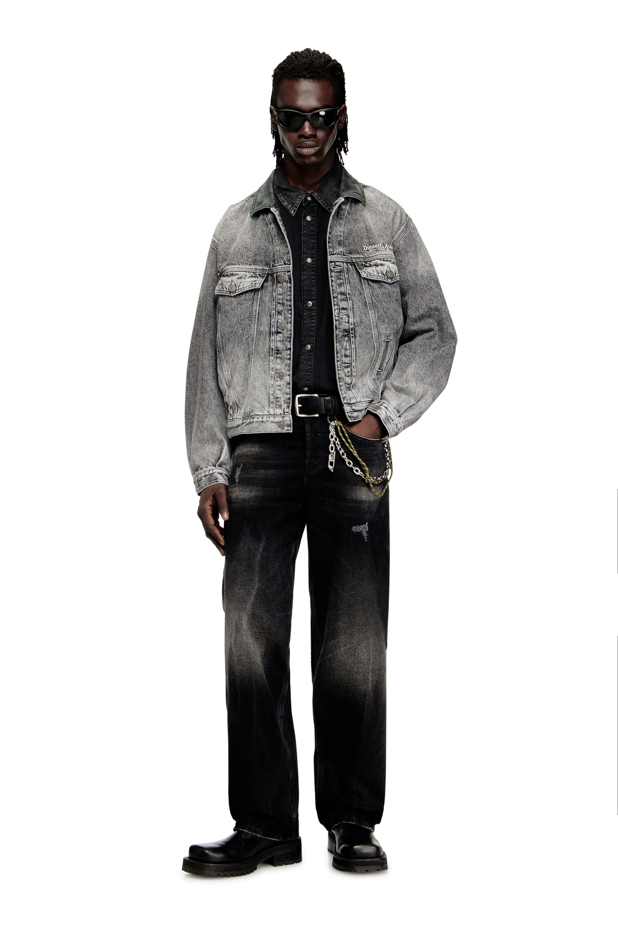 Diesel - D-DENVER-S, Unisex's Denim trucker jacket with tonal leather trims in Grey - 1