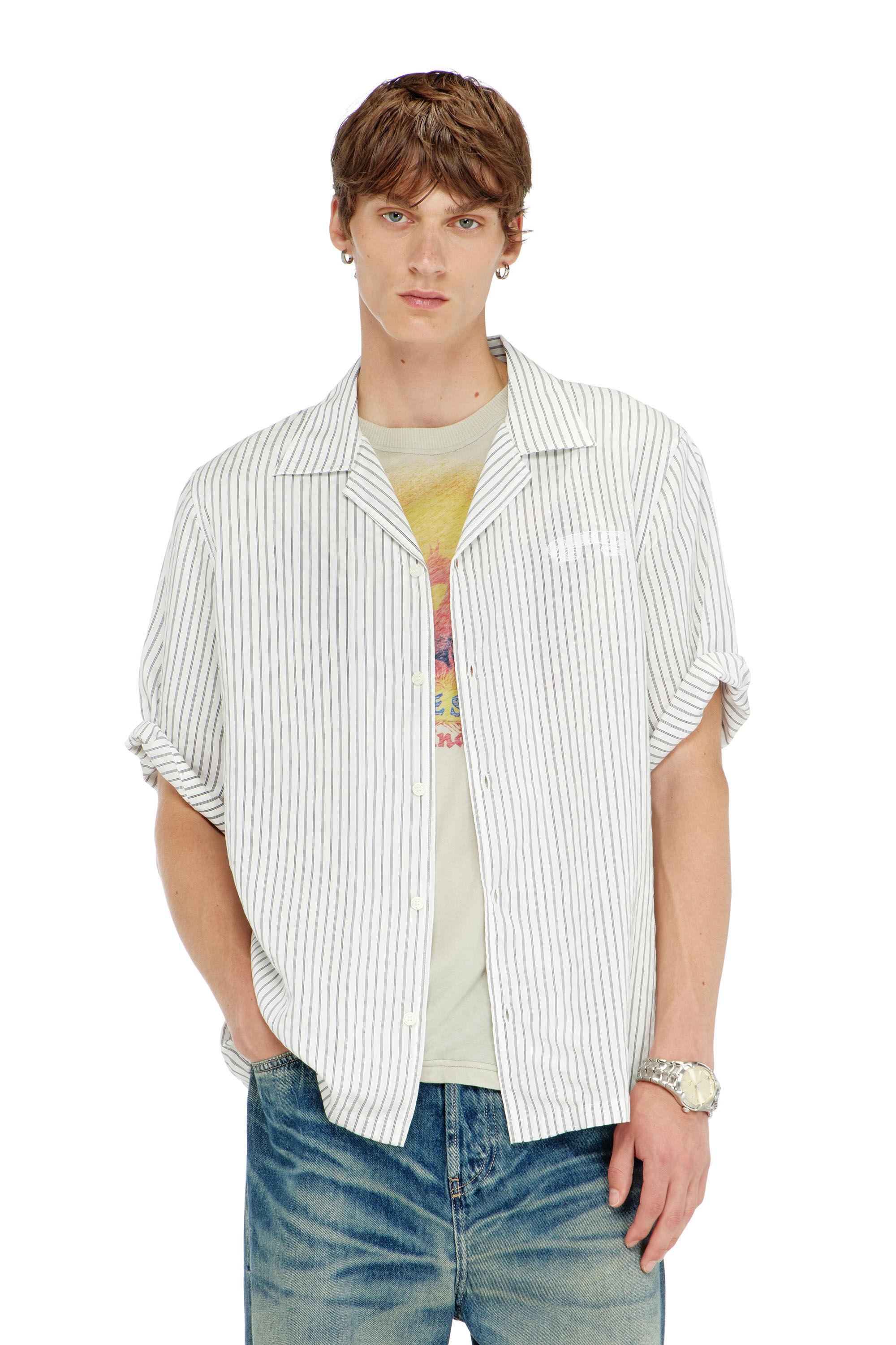 Diesel - S-MAC-EFBV, Man's Half-sleeve shirt in pinstripe modal in White/Grey - 3
