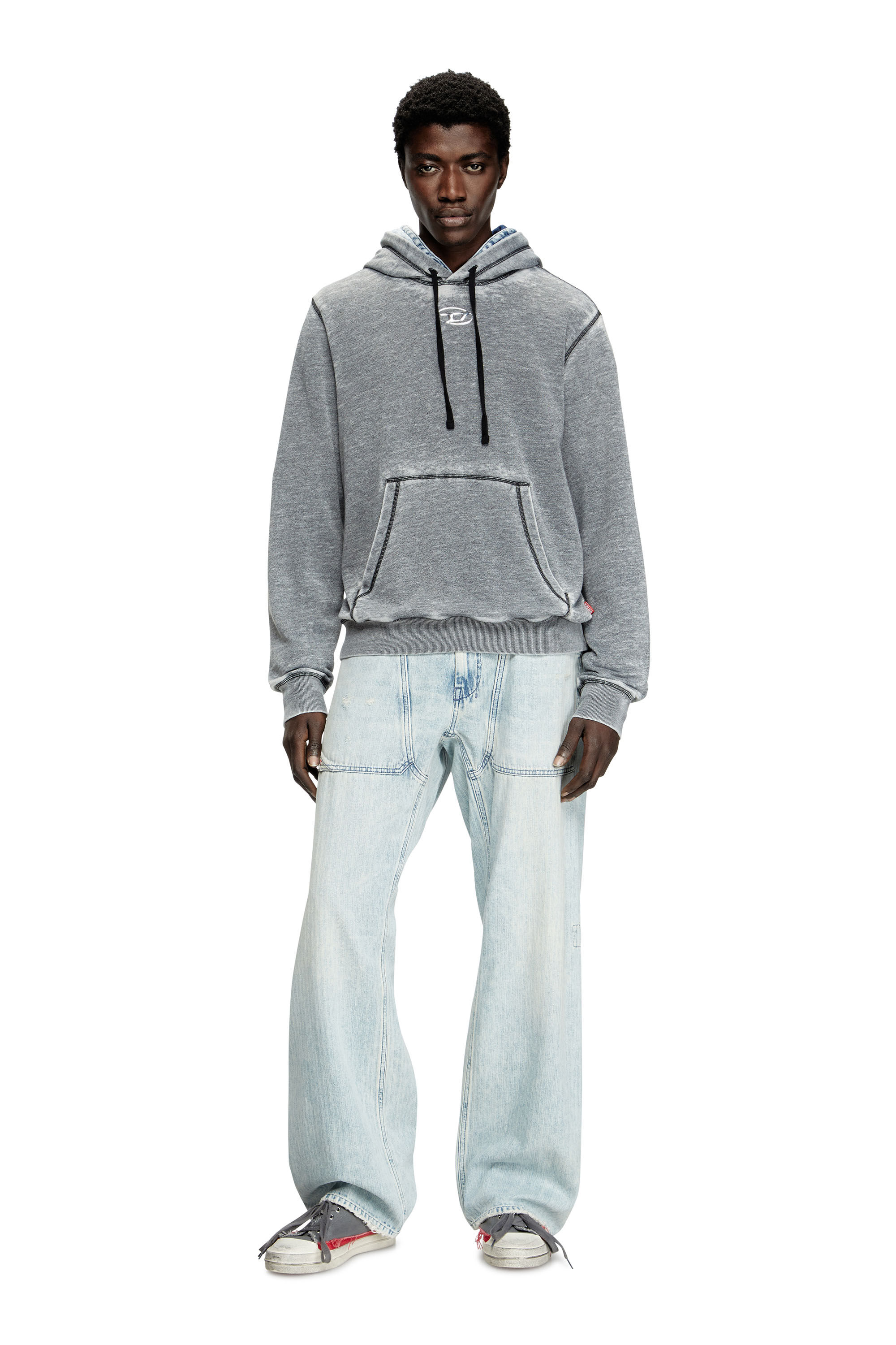 パーカー・フーディ DIESEL SS25 S-GINN-HOOD-PAK (A161550CPAK 96P) Men's Burnout hoodie with metal-look logo | Grey | Diesel