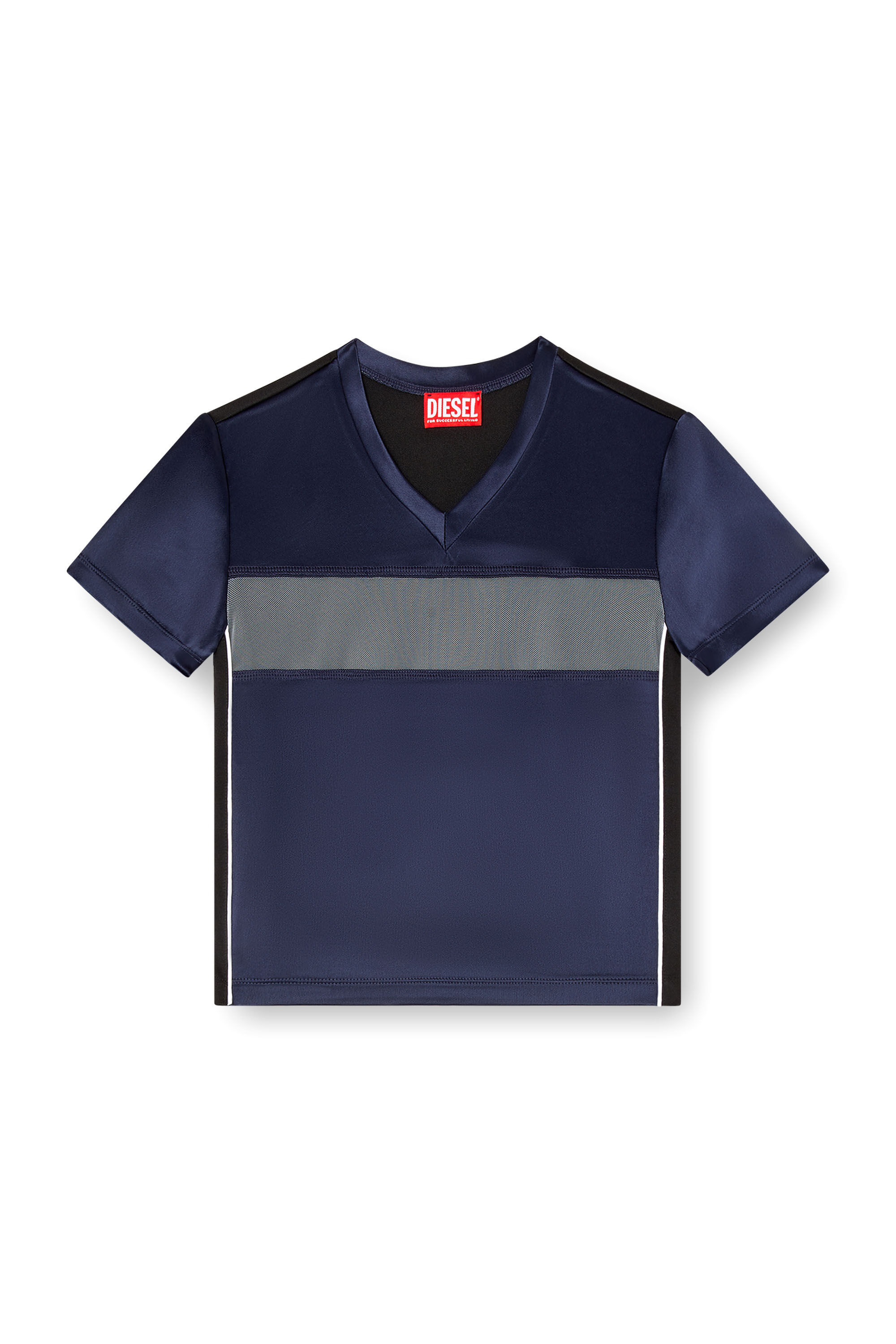 Diesel - T-RACE, Woman's Cropped T-shirt in satin, knit and tulle in Dark Blue - 2