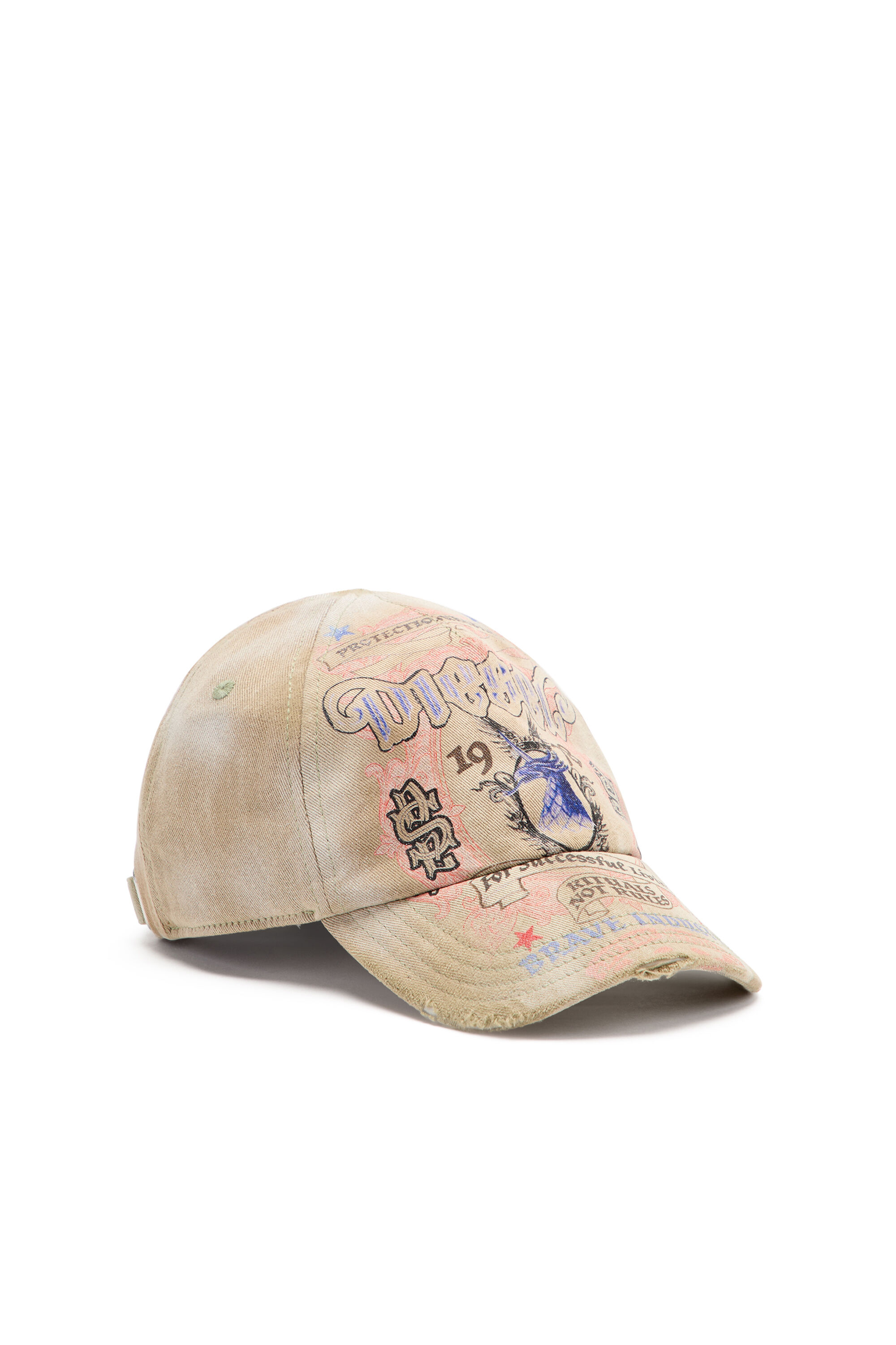 Diesel - C-RITUAL, Man's Distressed baseball cap with logo print in Beige - 1