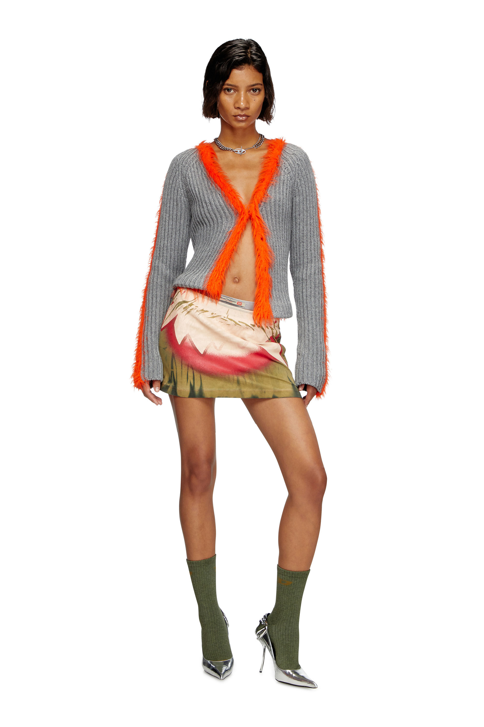 Diesel - M-TANITA, Woman's Ribbed cardigan with fuzzy trims in Grey/Orange - 1