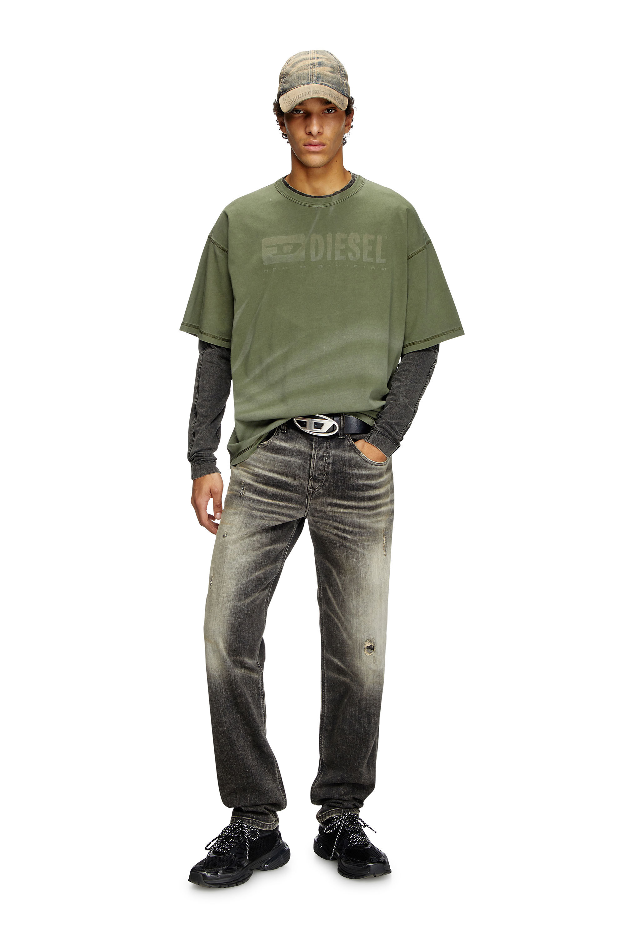 Diesel - T-ADJUST-R13, Man's Laser-faded logo T-shirt in Olive Green - 1