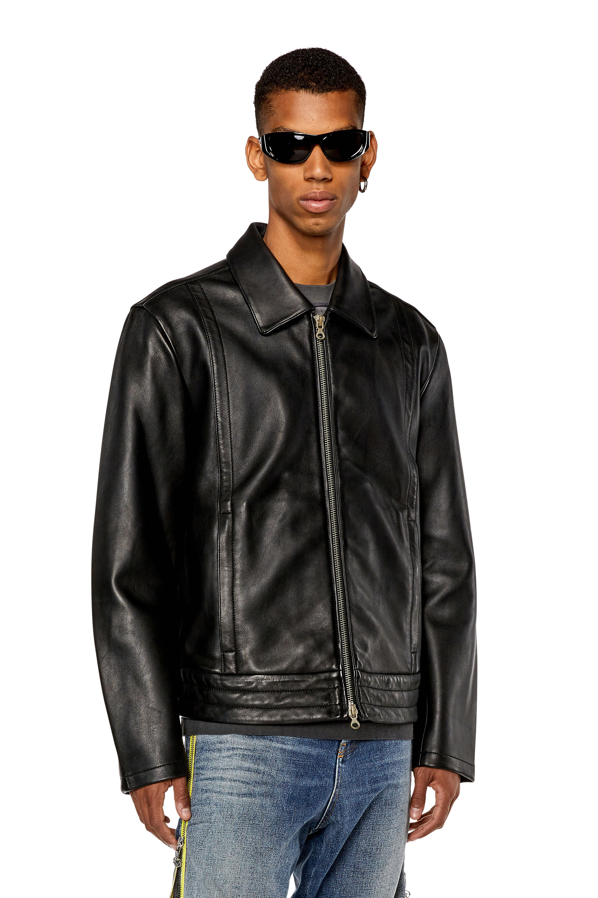 Men s Shirt jacket in supple leather Black Diesel