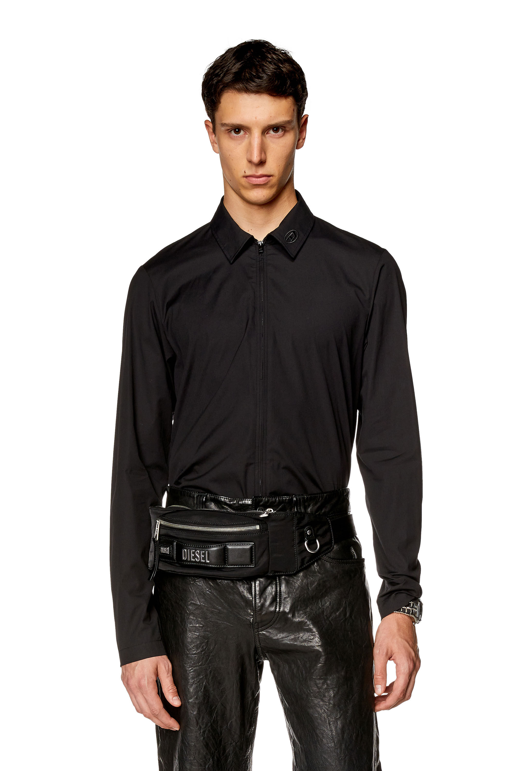 Diesel - S-STUCK, Man Logo-embroidered zip shirt in Black - Image 1