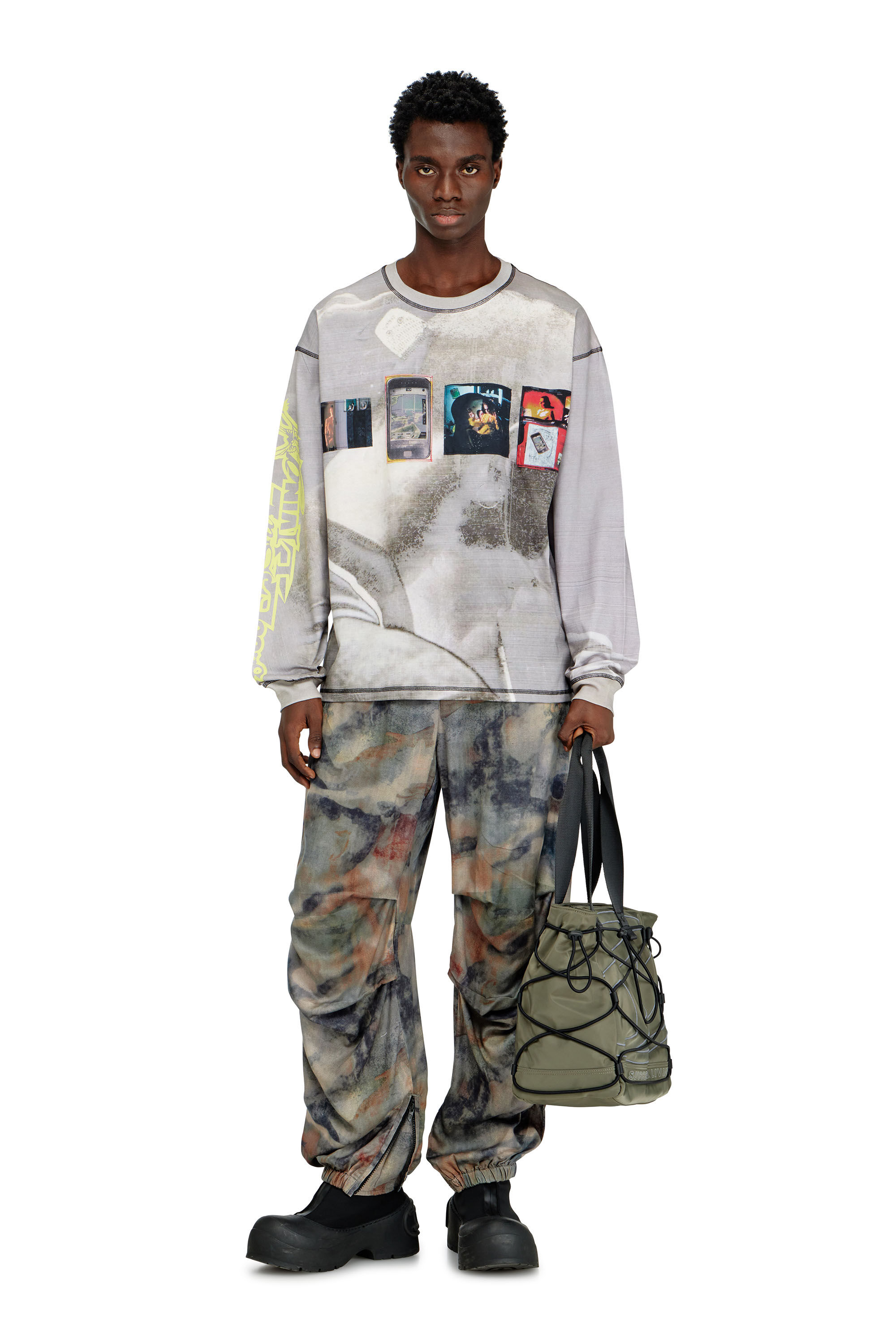 Diesel - T-BOXT-LS-V3, Man's Long-sleeve T-shirt with all-over print and patches in Grey - 1