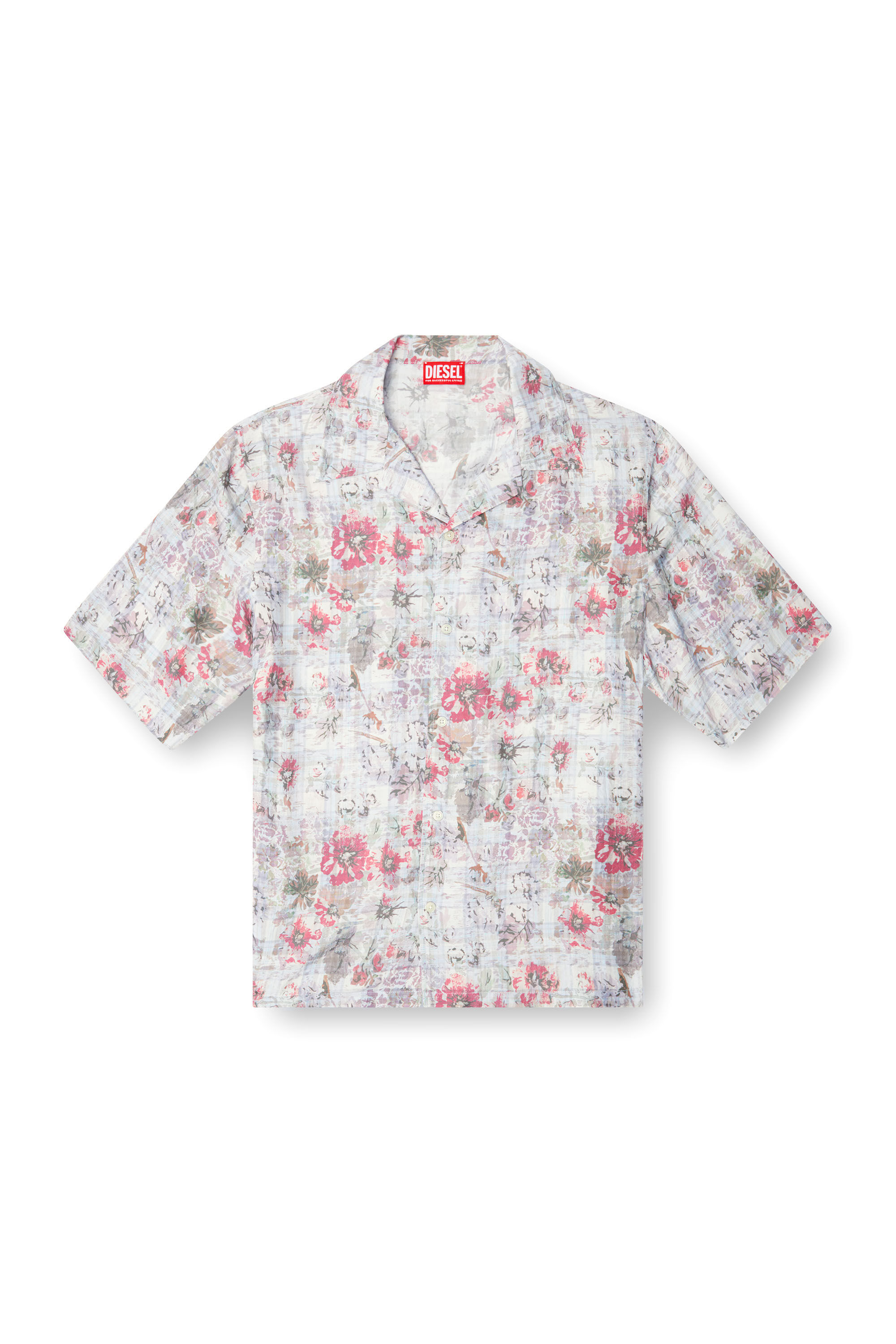 Diesel - S-LEYS, Man's Bowling shirt with floral print in Blue/Pink - 2