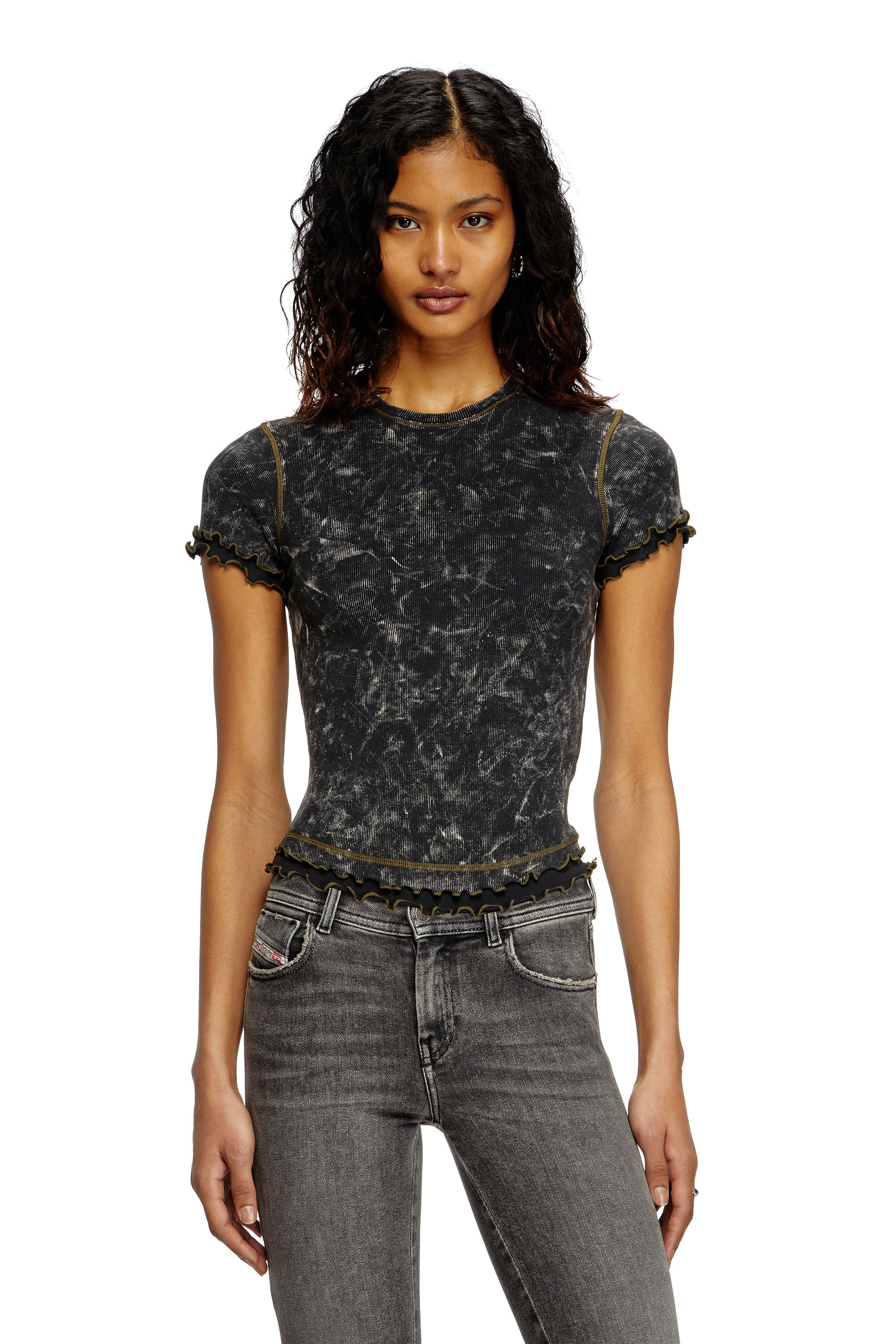 Diesel - T-FLU, Woman's Marbled T-shirt with ruffled trims in Black - 3