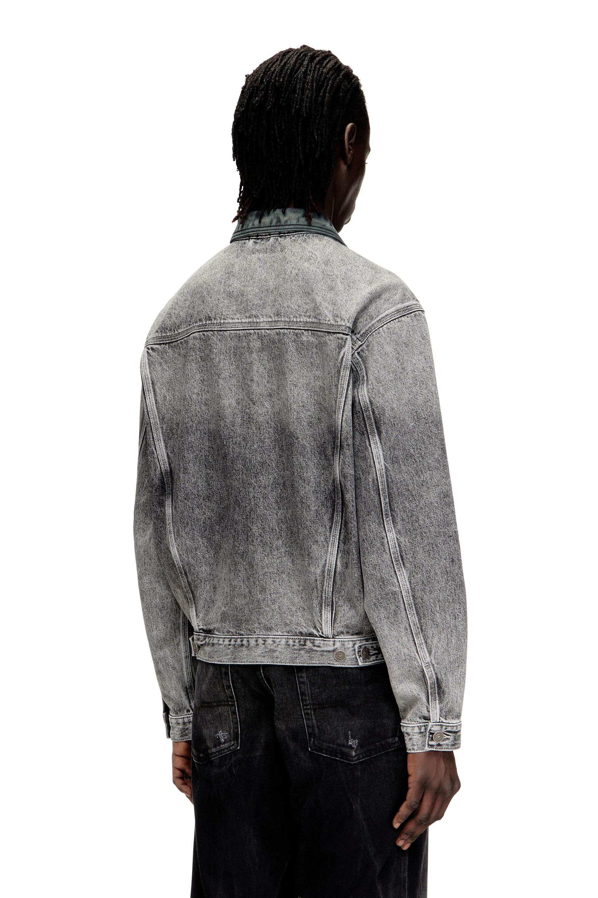 Diesel - D-DENVER-S, Unisex's Denim trucker jacket with tonal leather trims in Grey - 4