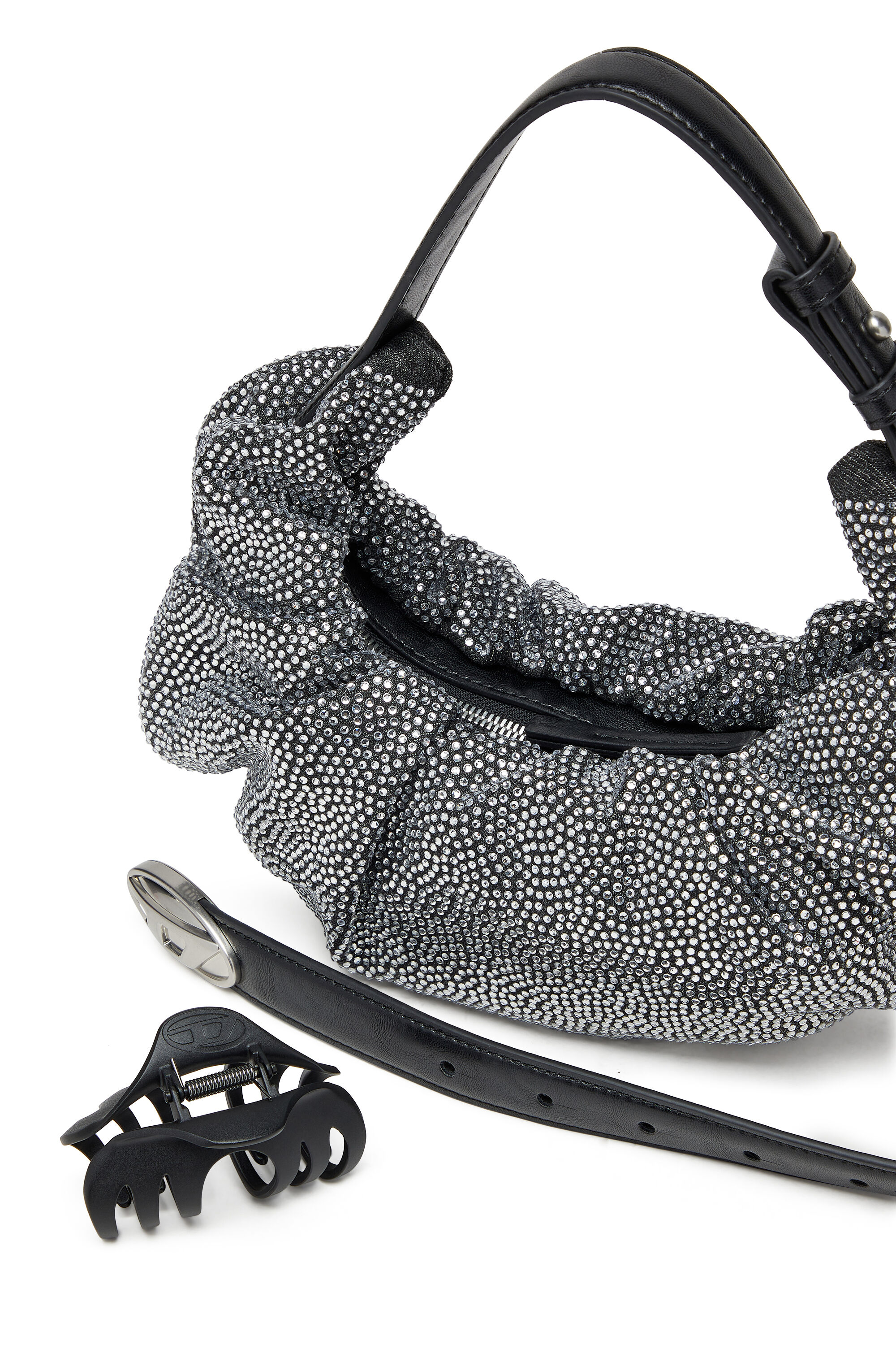 Diesel - GRAB-D HOBO S, Woman's Grab-D S-Small scrunched hobo bag in crystal denim in Black - 5