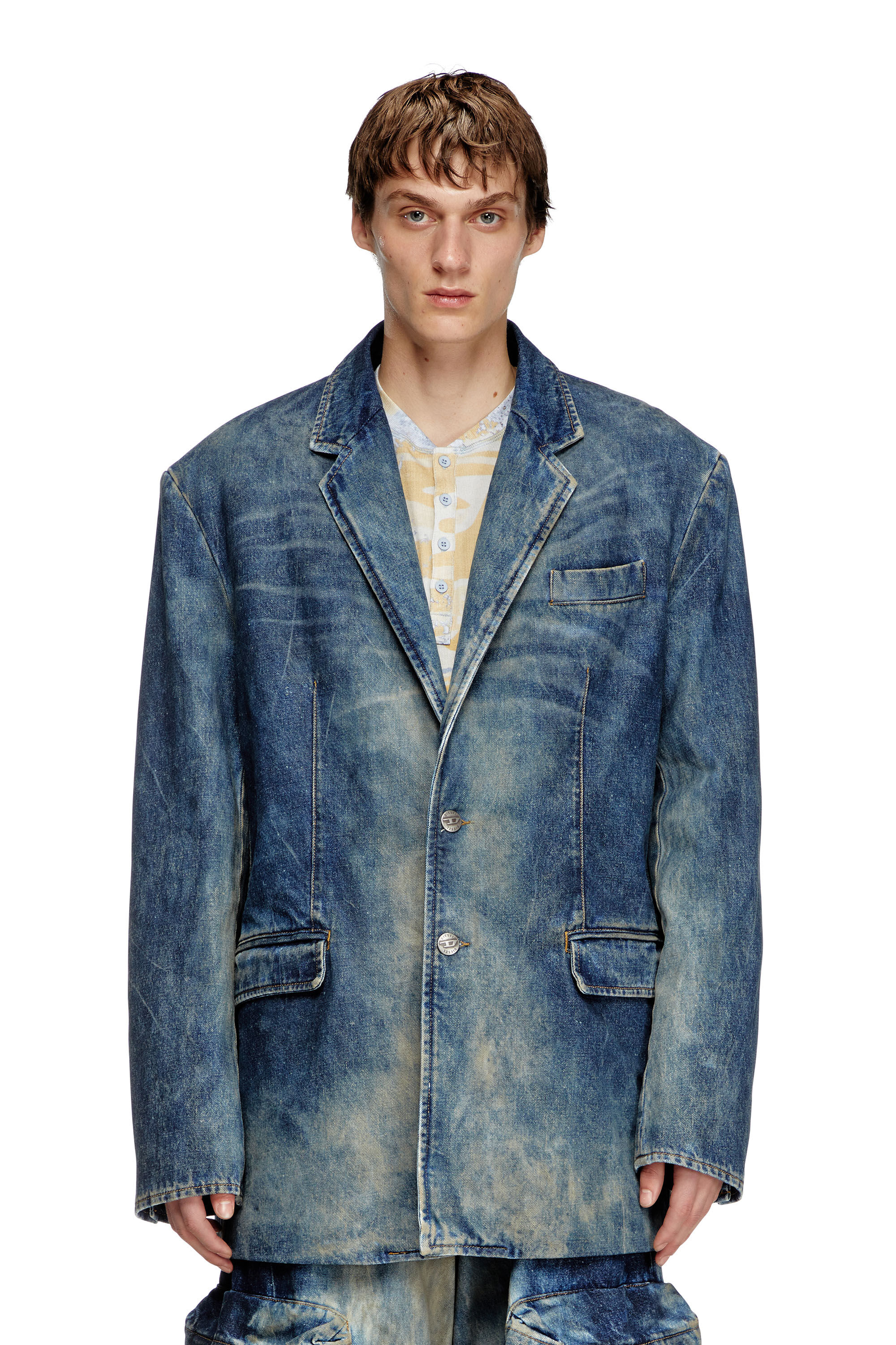 Diesel - D-OVER-DD, Unisex's Blazer in hand-treated dirty denim in Dark Blue - 3