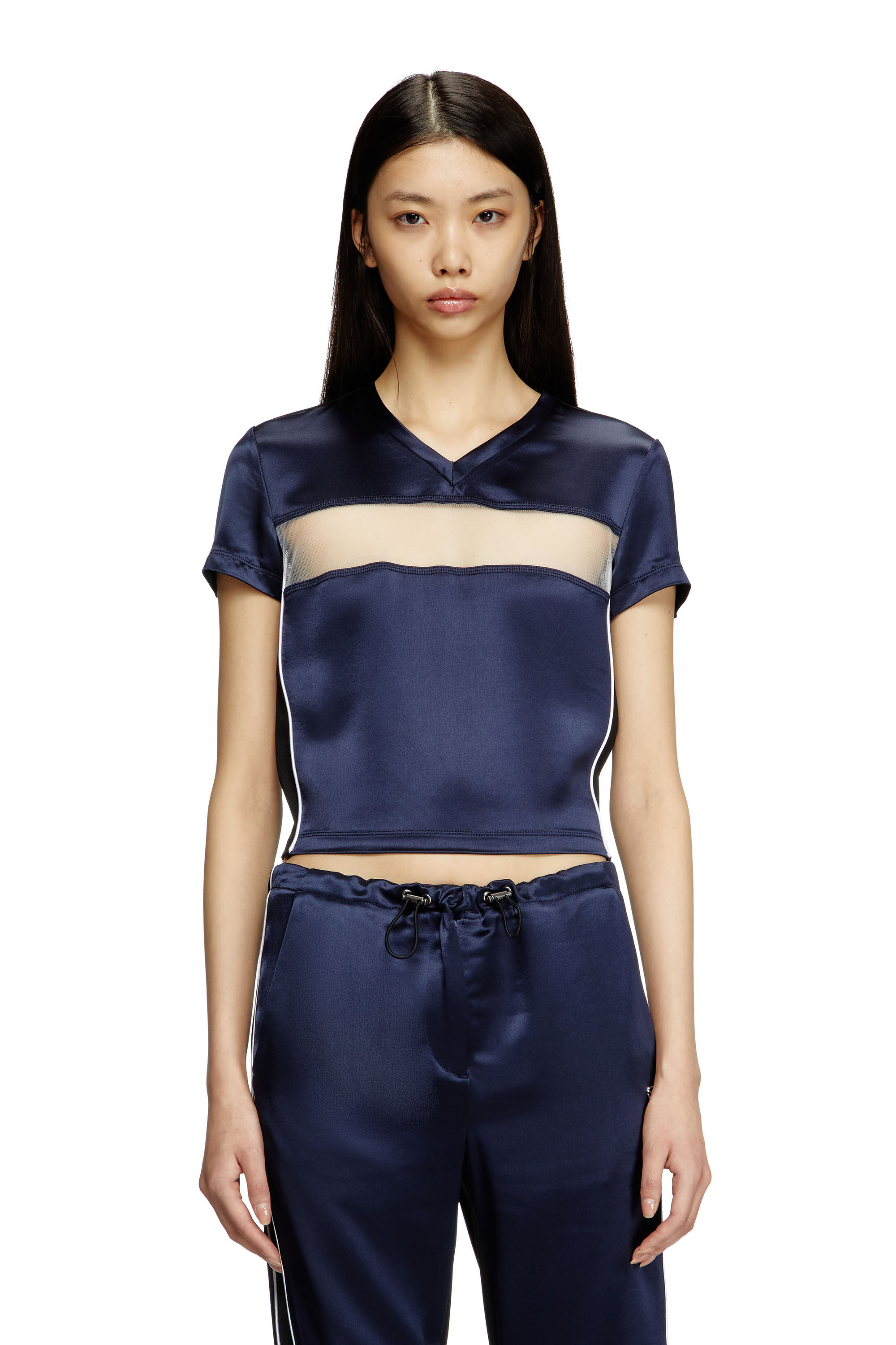 Diesel - T-RACE, Woman's Cropped T-shirt in satin, knit and tulle in Dark Blue - 3