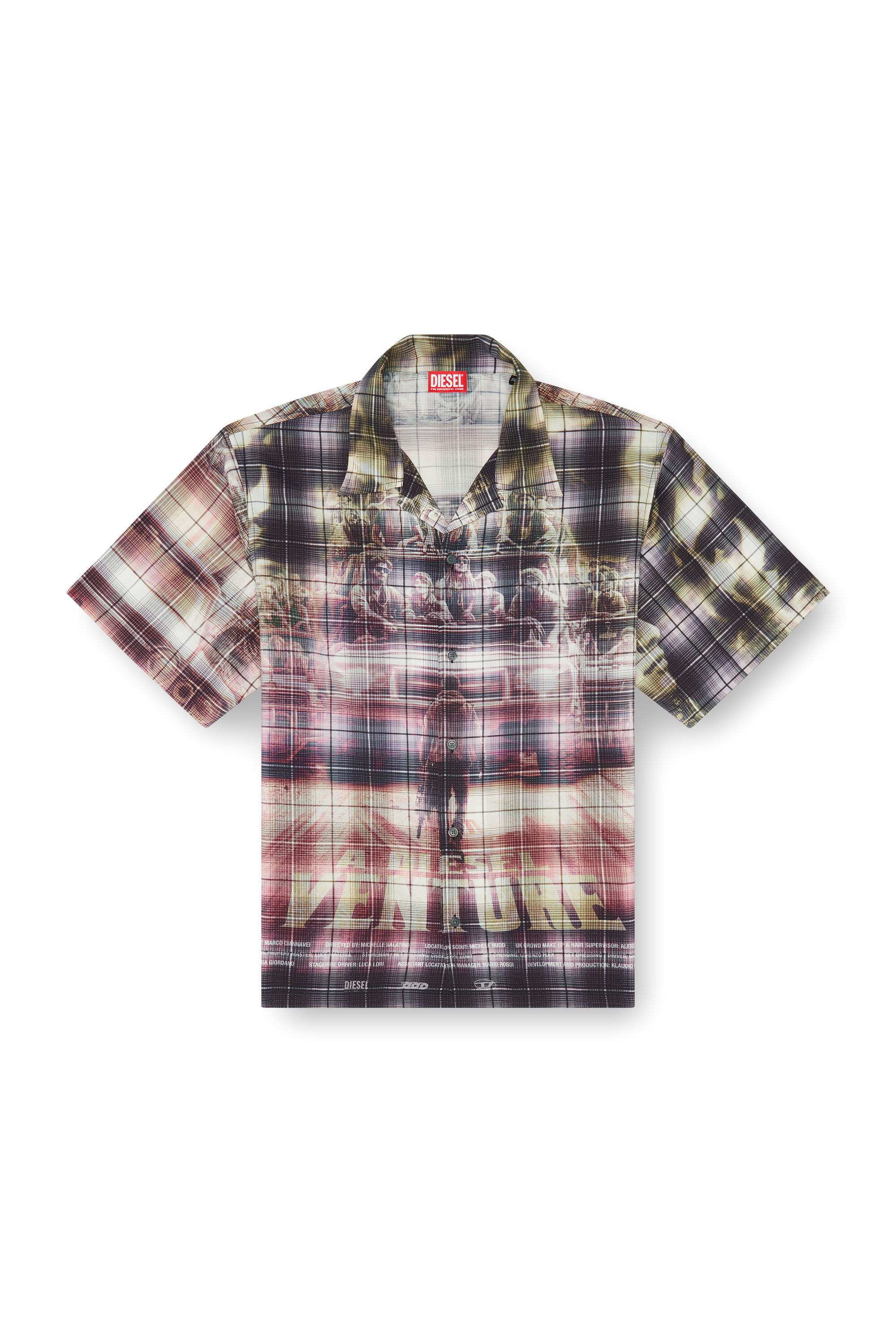 Diesel - S-TILBORG, Man's Short-sleeve check shirt with poster print in Green/Black - 2