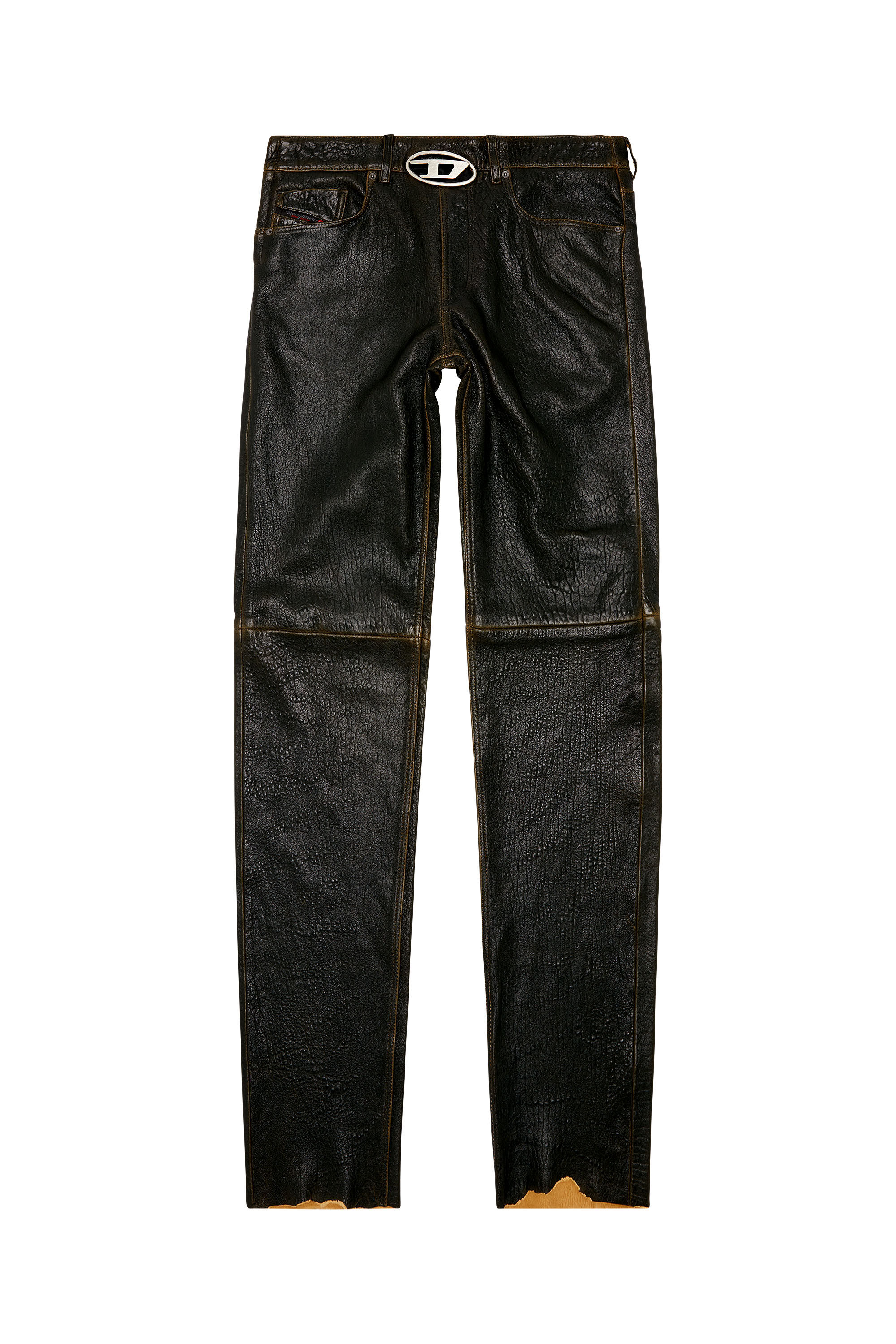 Men s Textured leather pants with logo cut out Brown Diesel