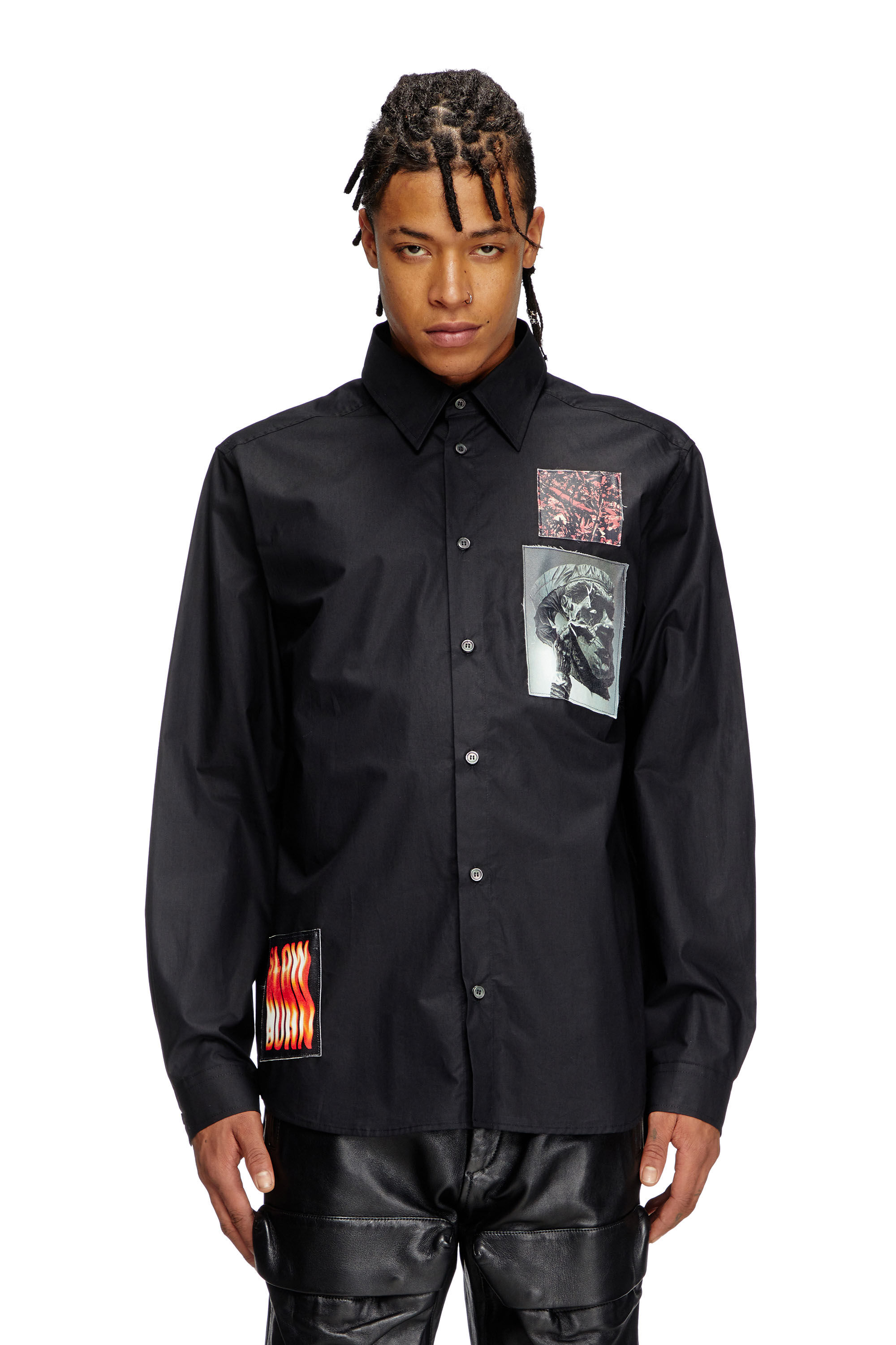 Diesel - S-HARVEY, Man's Cotton poplin shirt with patches in Black - 3