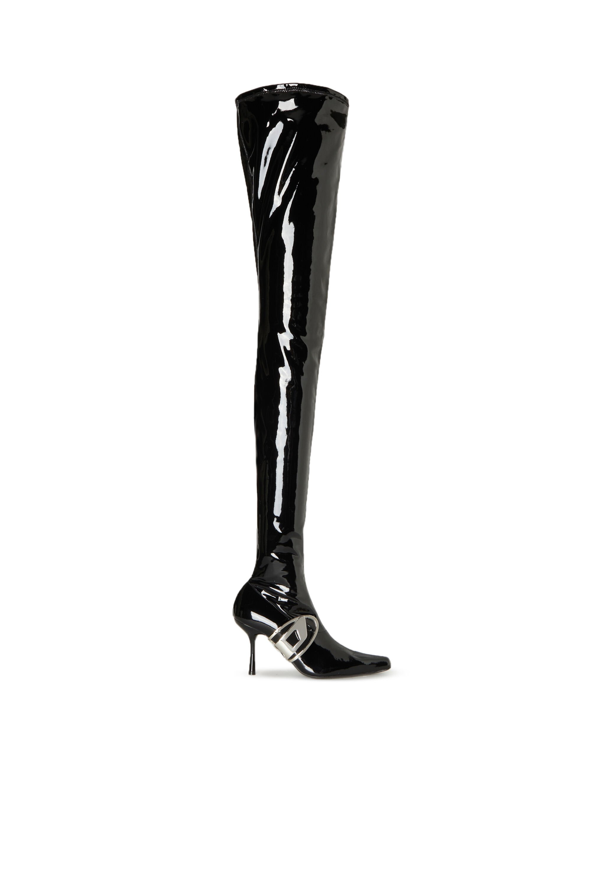 Diesel - D-ECLIPSE TBT, Woman D-Eclipse TBT - Patent thigh-high boots with oval plaque in Black - Image 1