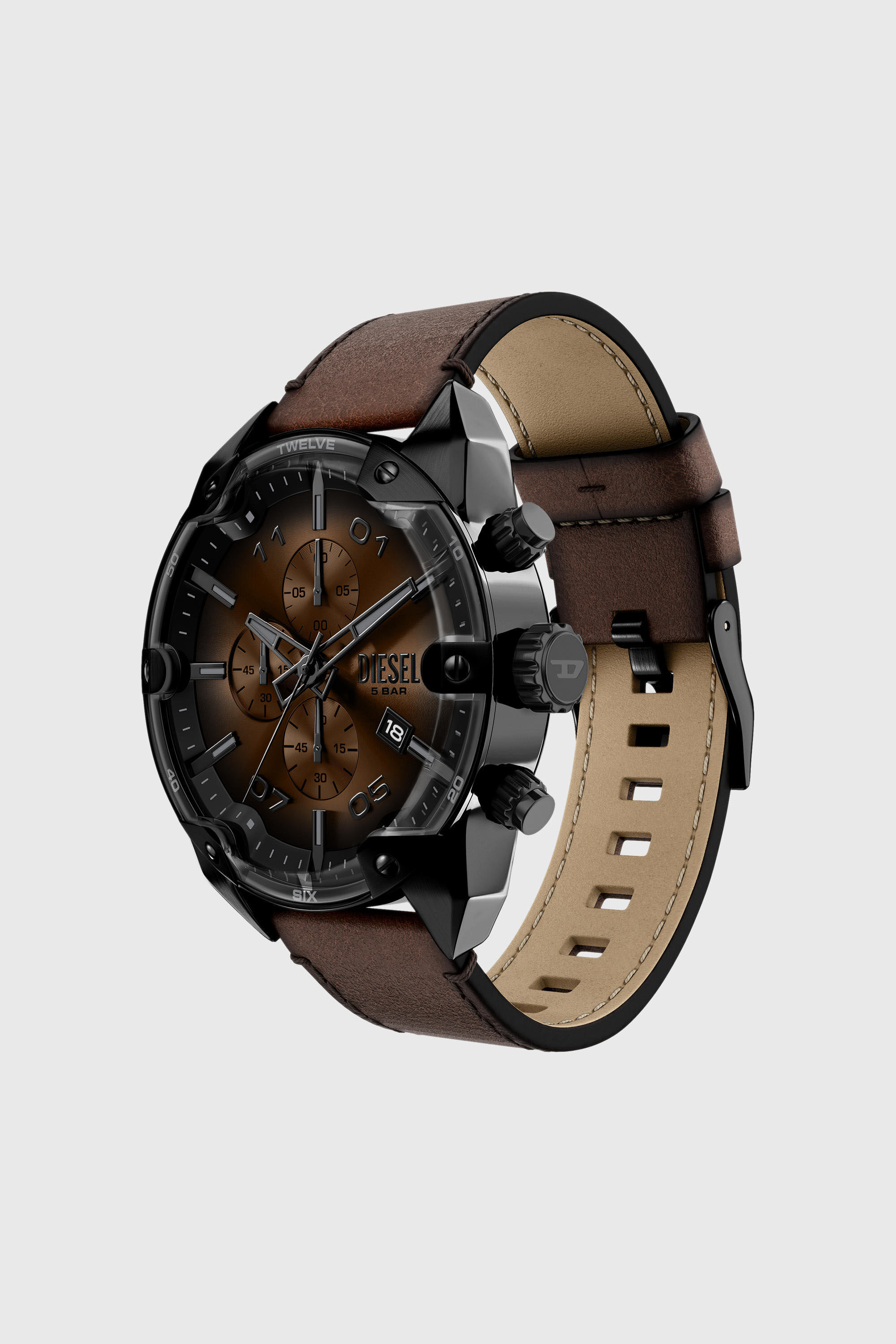 Diesel - DZ4735 WATCH, Man's Spiked brown leather watch in Brown - 5