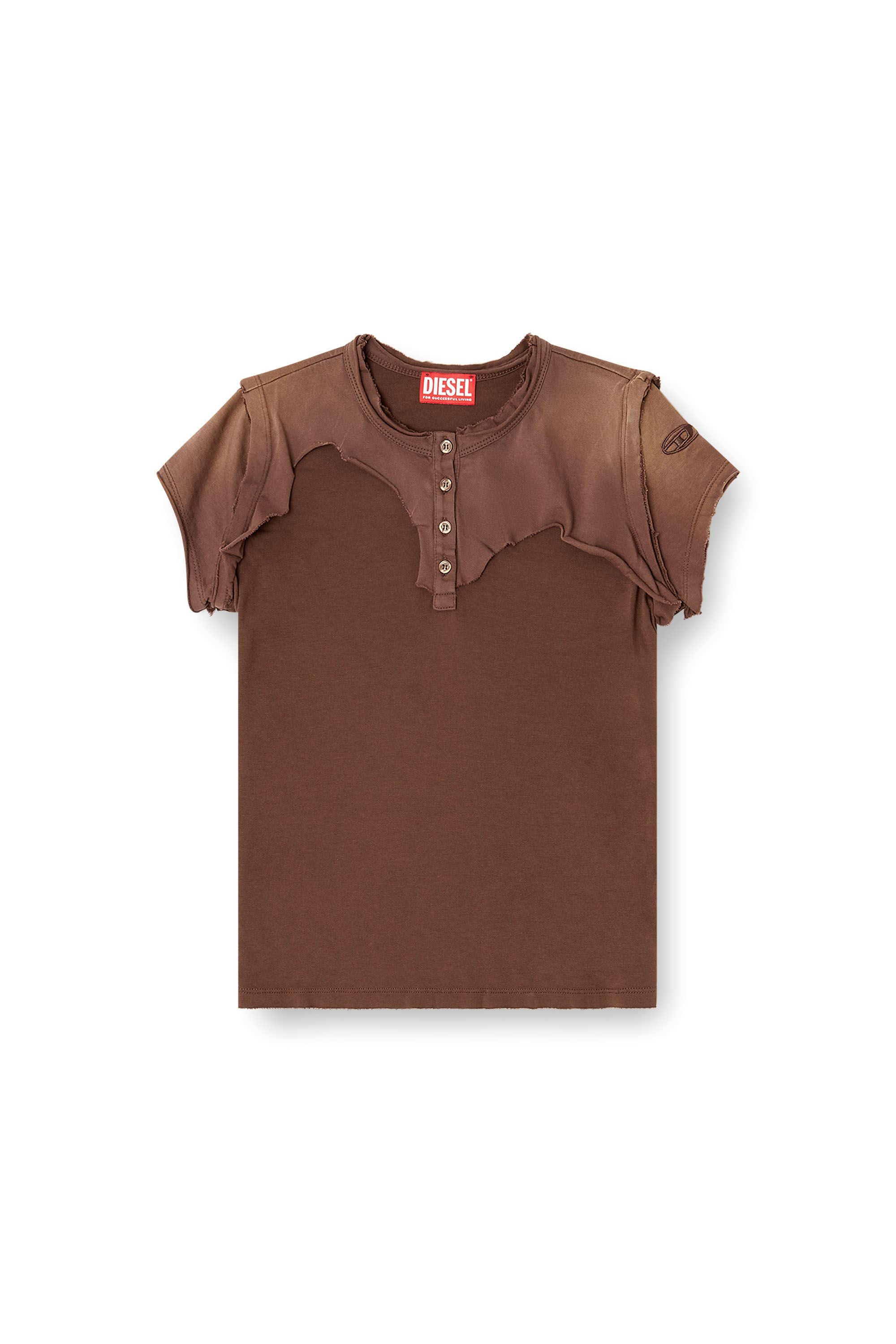 Diesel - T-UNRAWY, Woman's Henley T-shirt with peel-off effect in Brown - 2
