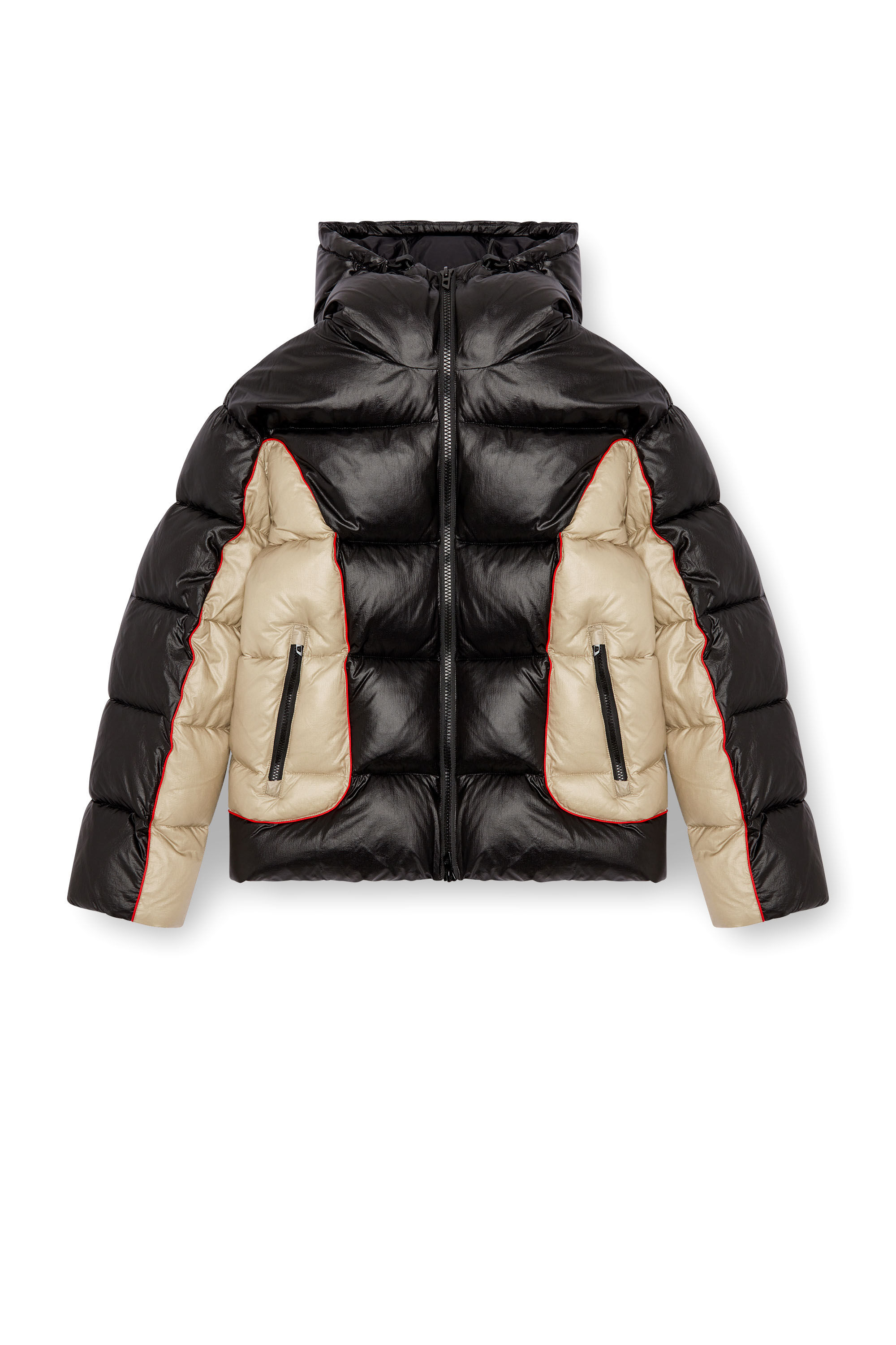 Diesel - W-OSTEND, Man's Hooded puffer jacket in shiny ripstop in Black/Beige - 2