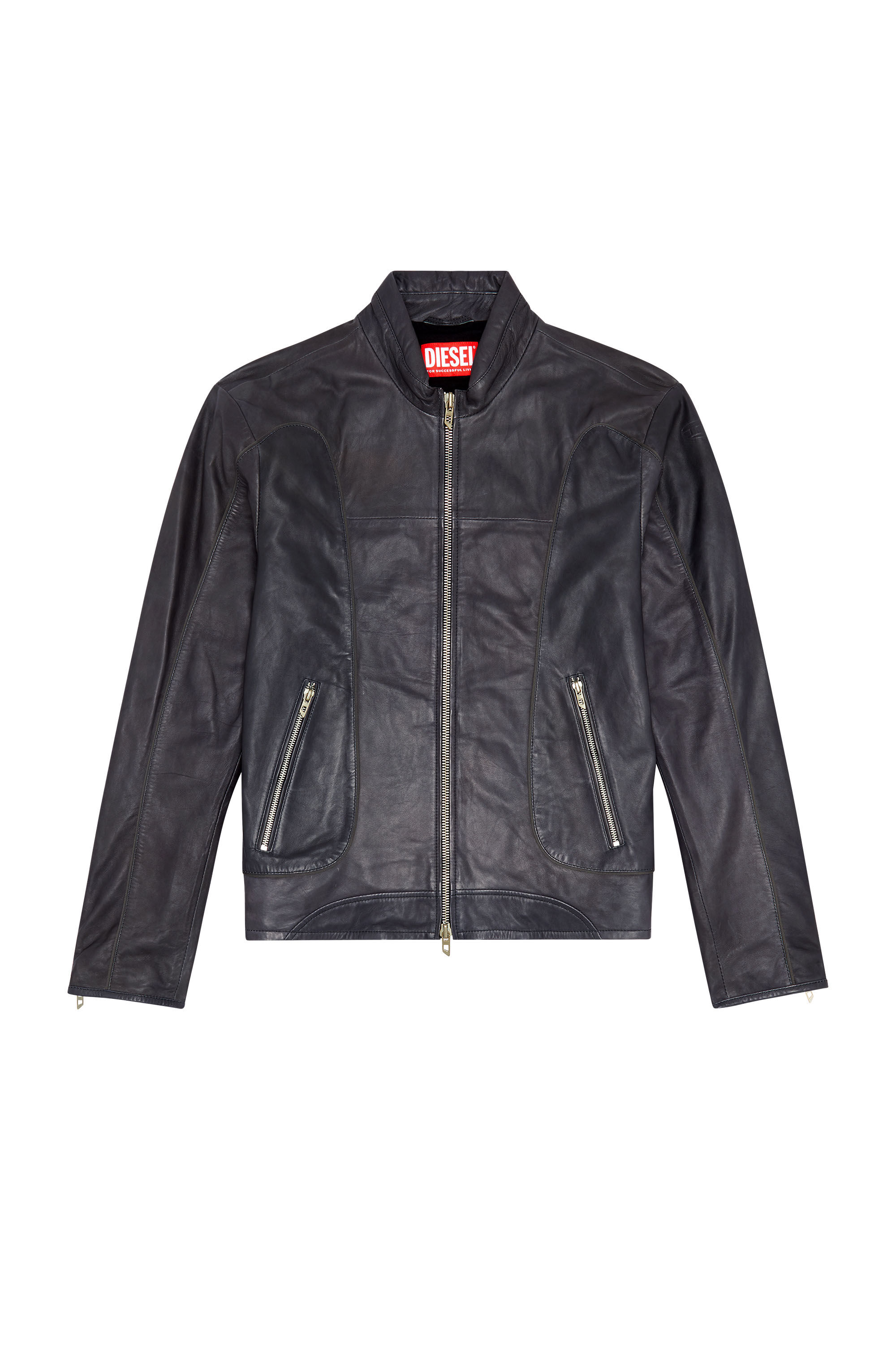 Men s Leather biker jacket with piping Black Diesel