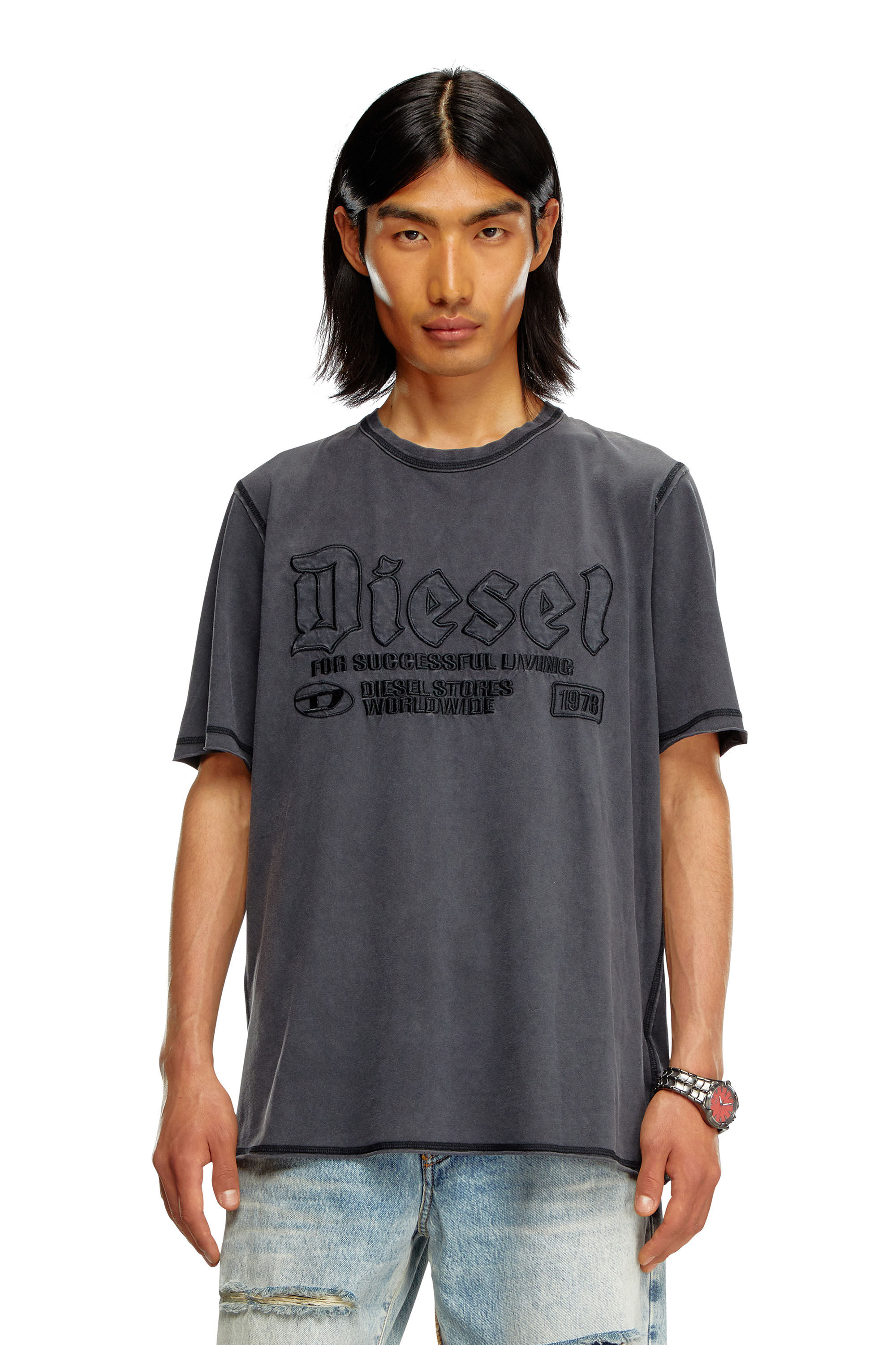 Diesel - T-RAWJUST, Man's Faded T-shirt with tonal embroidery in Black - 3