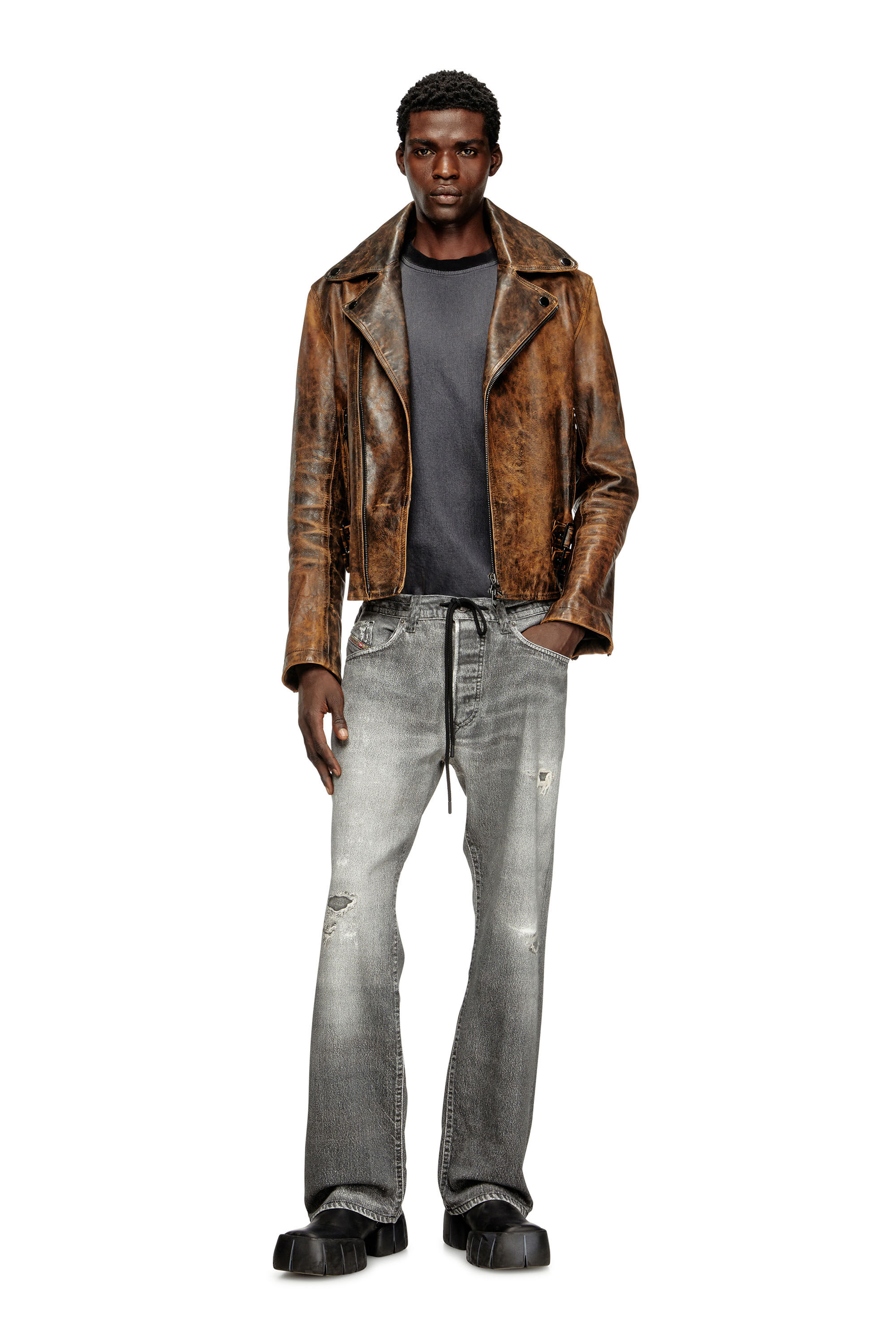 Diesel - L-EON, Man's Biker jacket in treated leather in Brown - 1