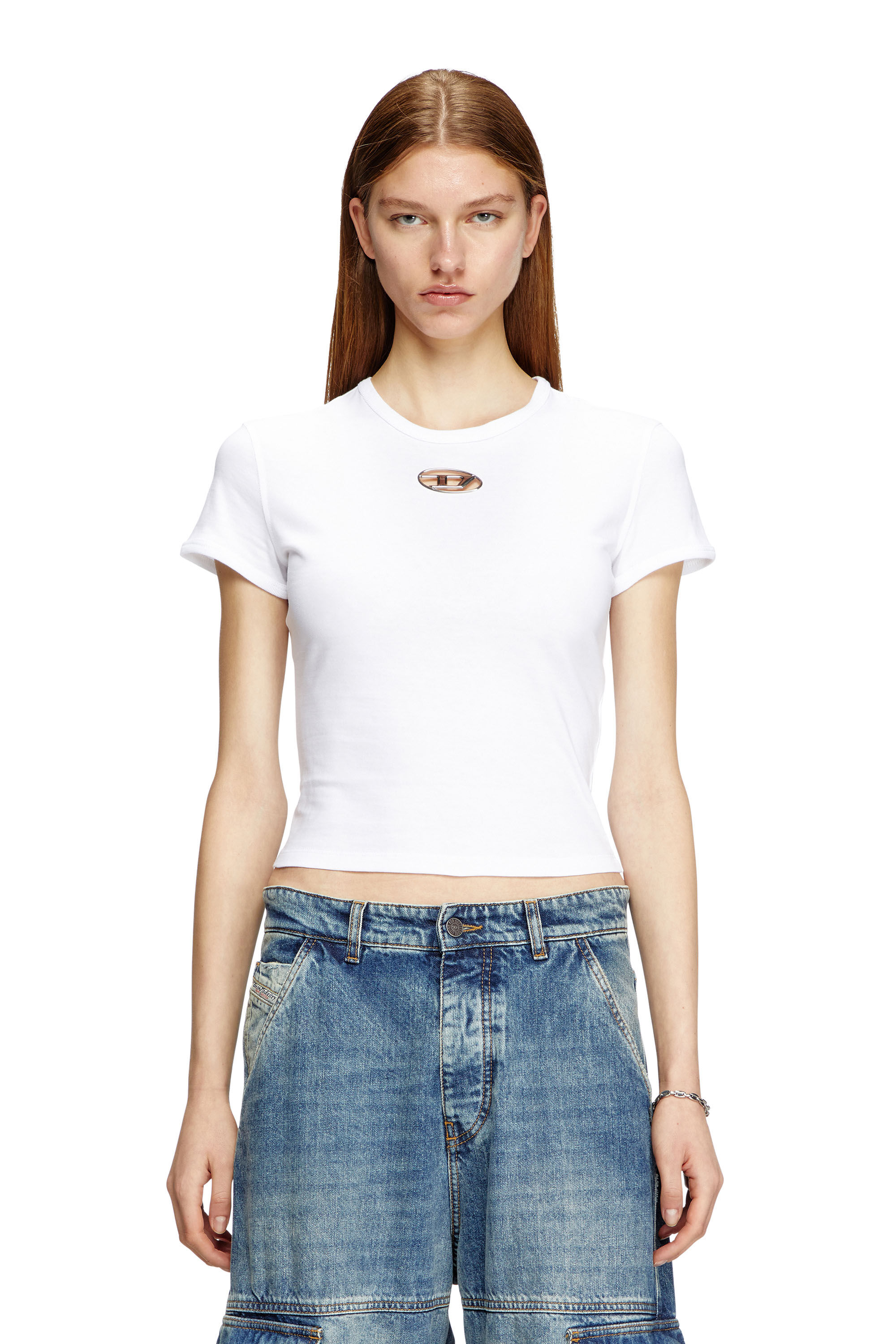 Diesel - T-UNCUTIE-LONG-OD-Q1, Woman's Slim fit T-shirt with cut-out Oval D in White - 3