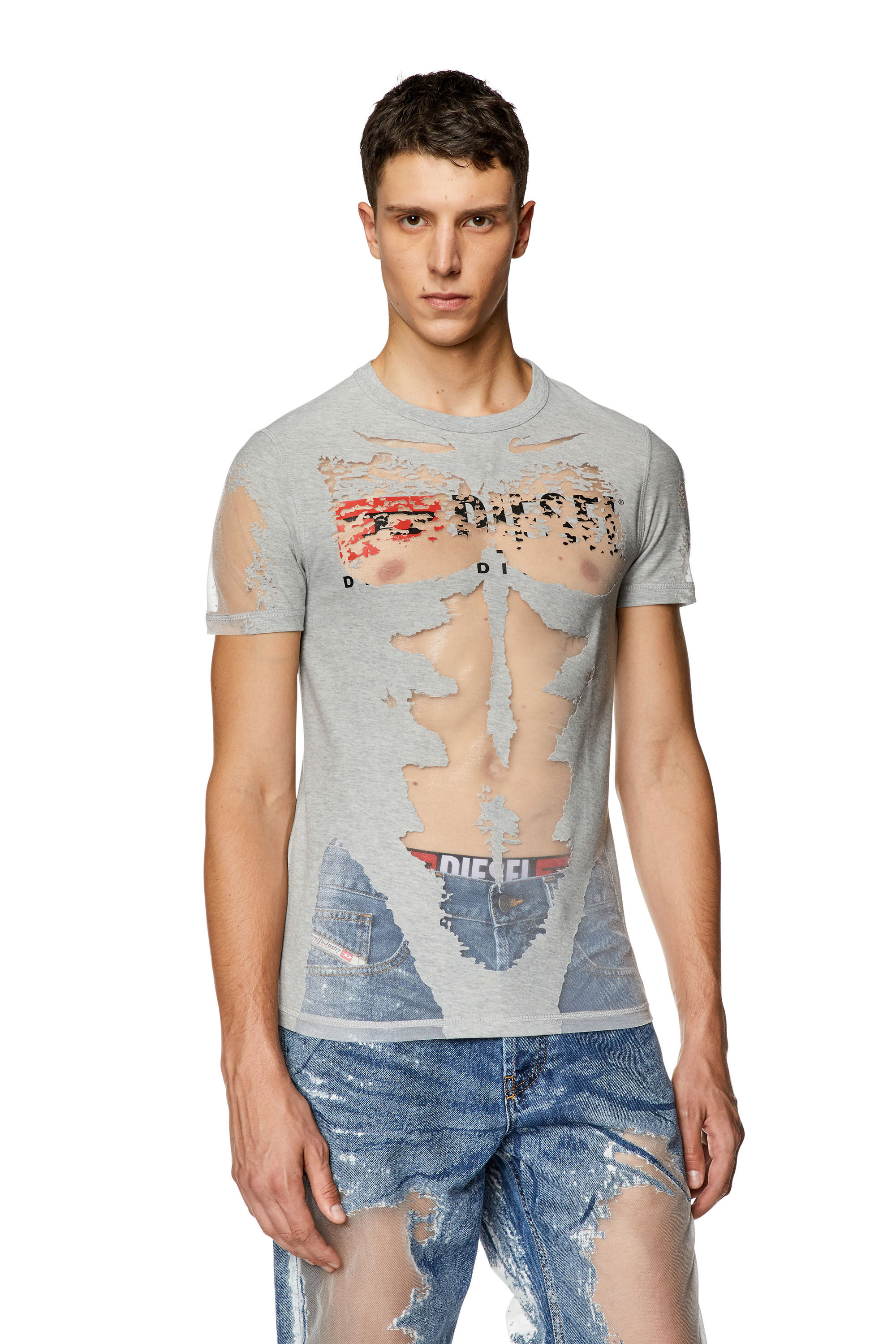 Diesel - T-ERME, Man Burnout T-shirt with sheer panels in Grey - Image 3