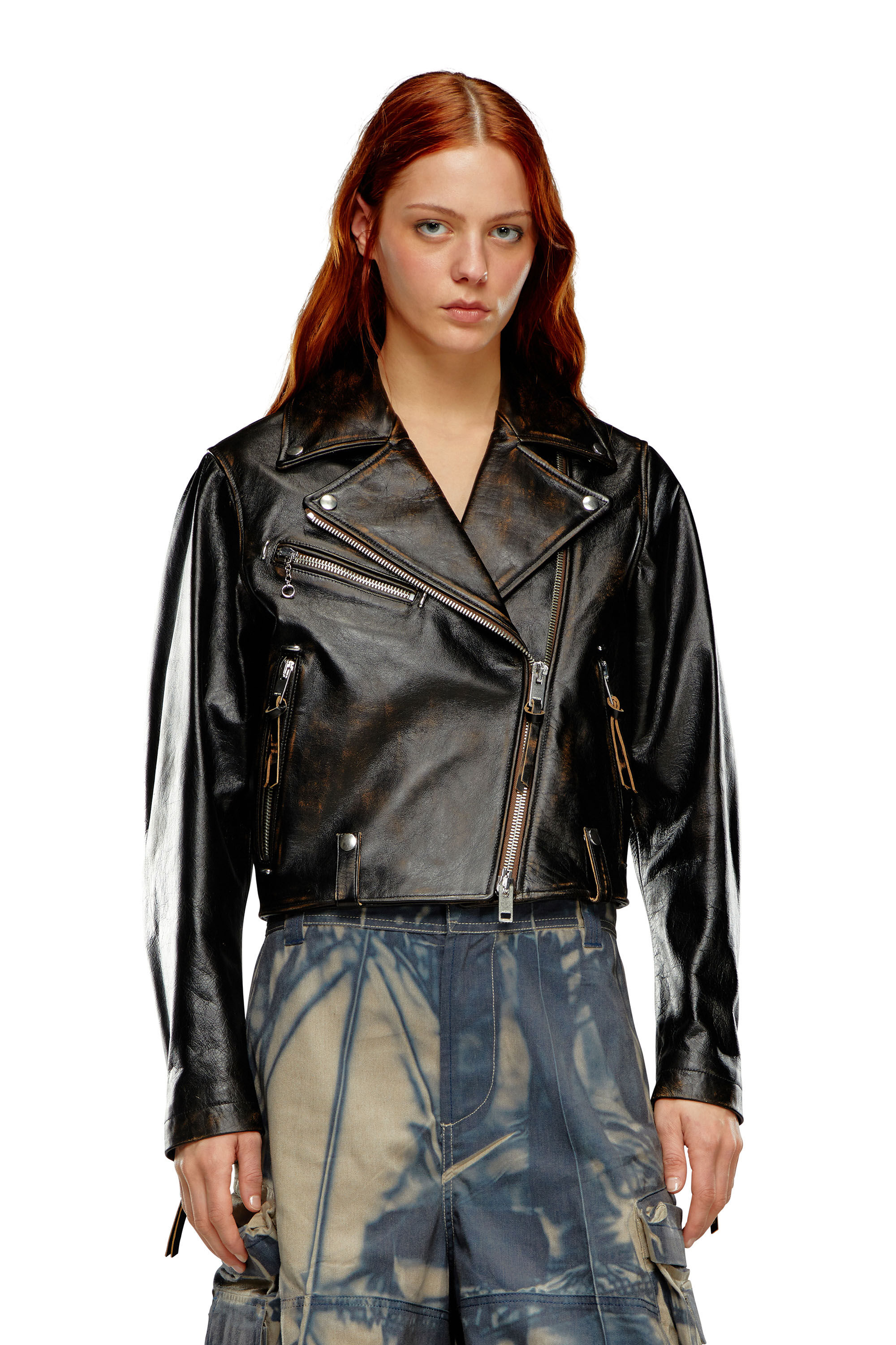 Women's distressed jacket in treated leather | Diesel L-EDMEA-CL
