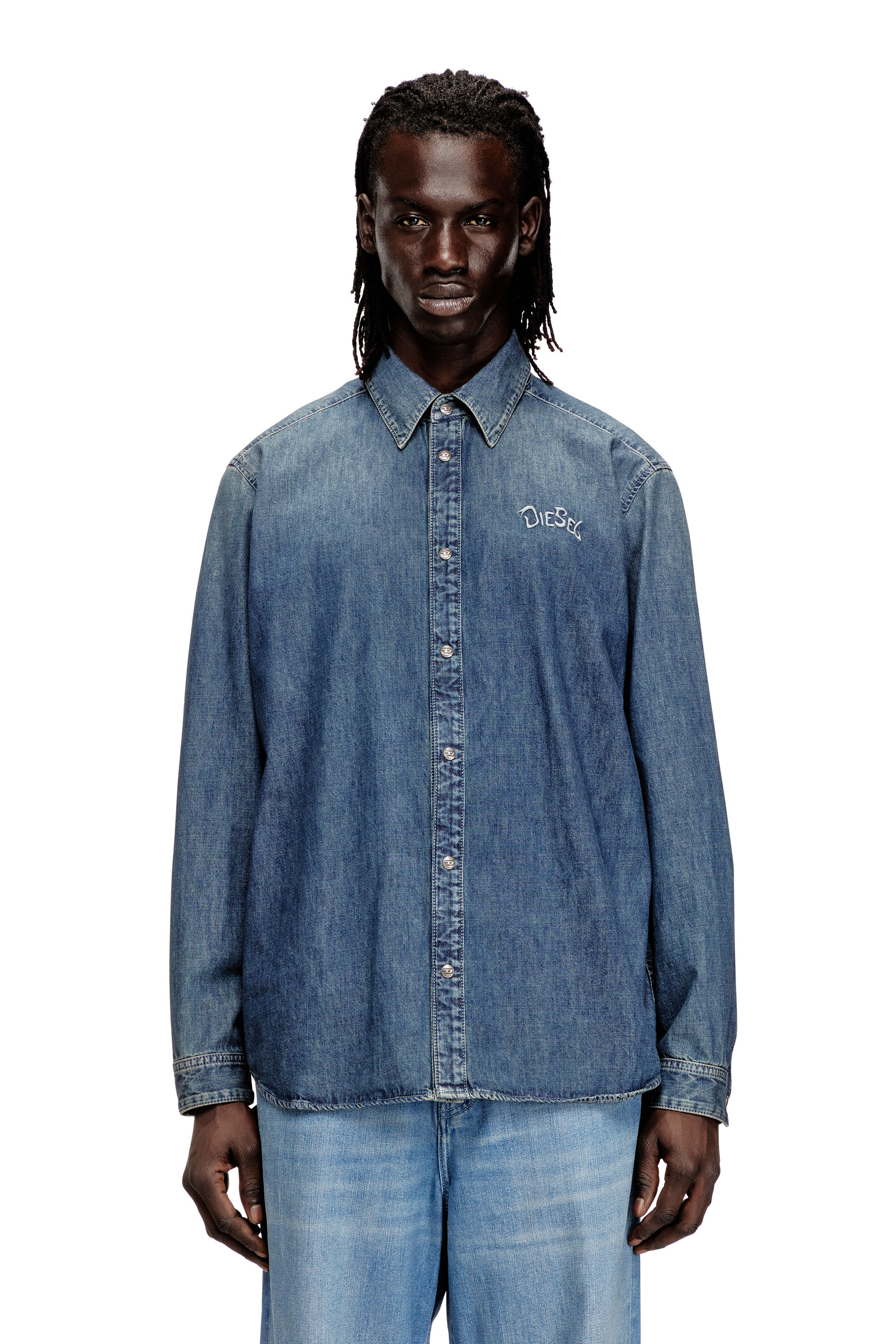 Diesel - D-SIMPLY-S15, Man's Denim shirt with embroidered emblem in Blue - 3