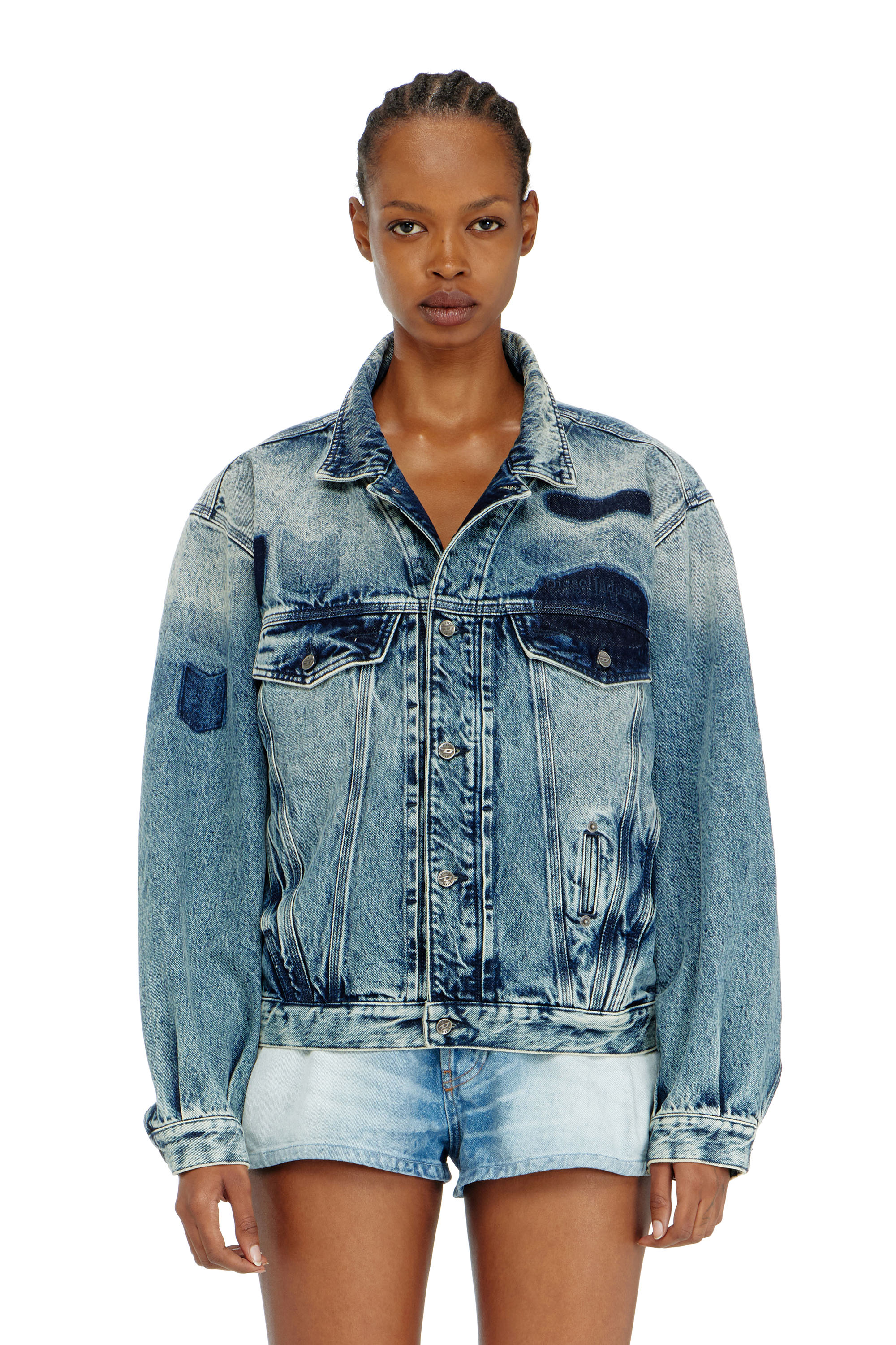 Diesel - D-DENVER-S2, Unisex's Trucker jacket with patch effects in Medium blue - 1