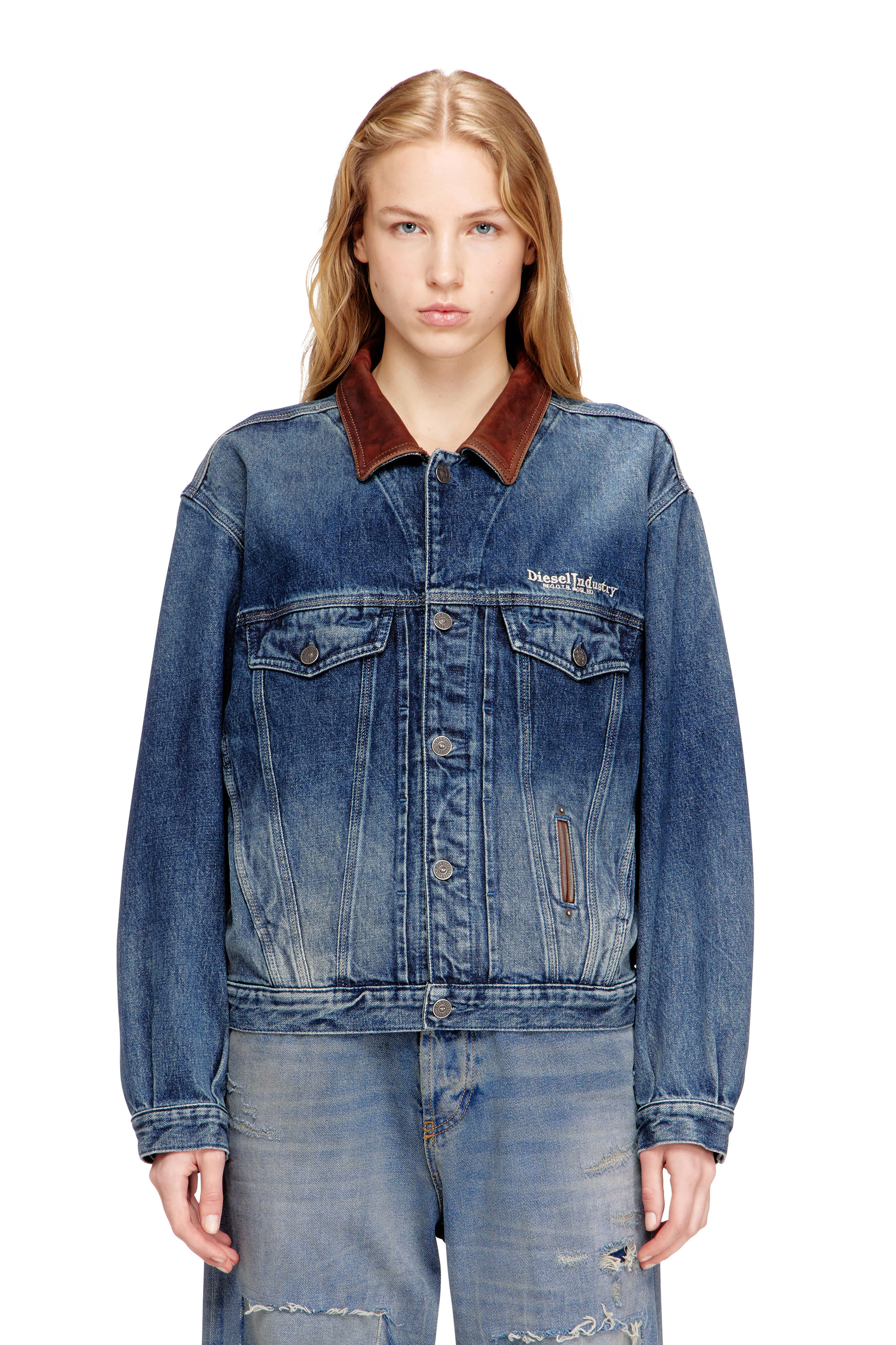 Diesel - D-DENVER-S1, Unisex's Denim trucker jacket with contrast leather trims in Blue - 1