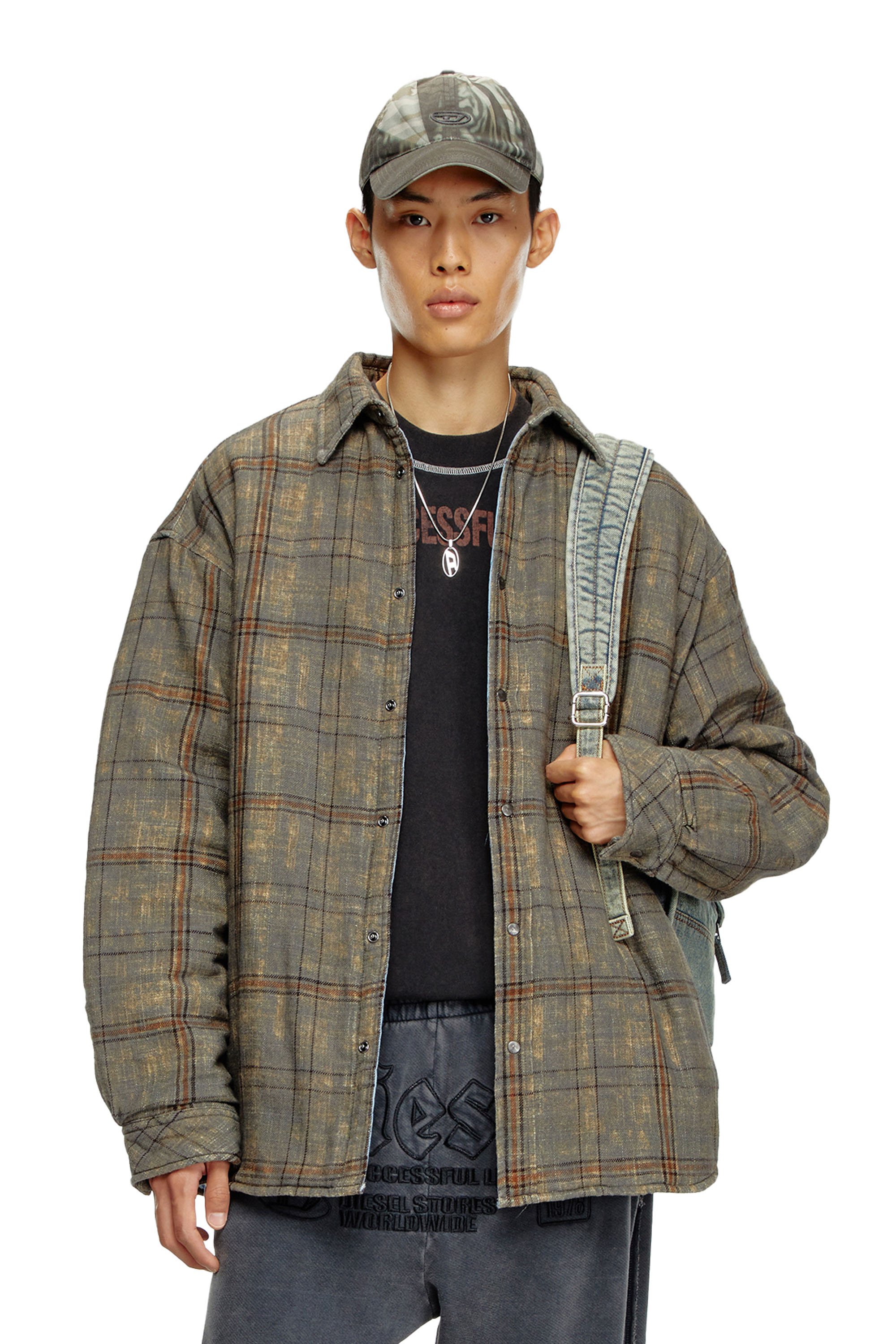 Diesel - S-HAMME, Man's Padded jacket in checked slub cotton in Green/Brown - 1