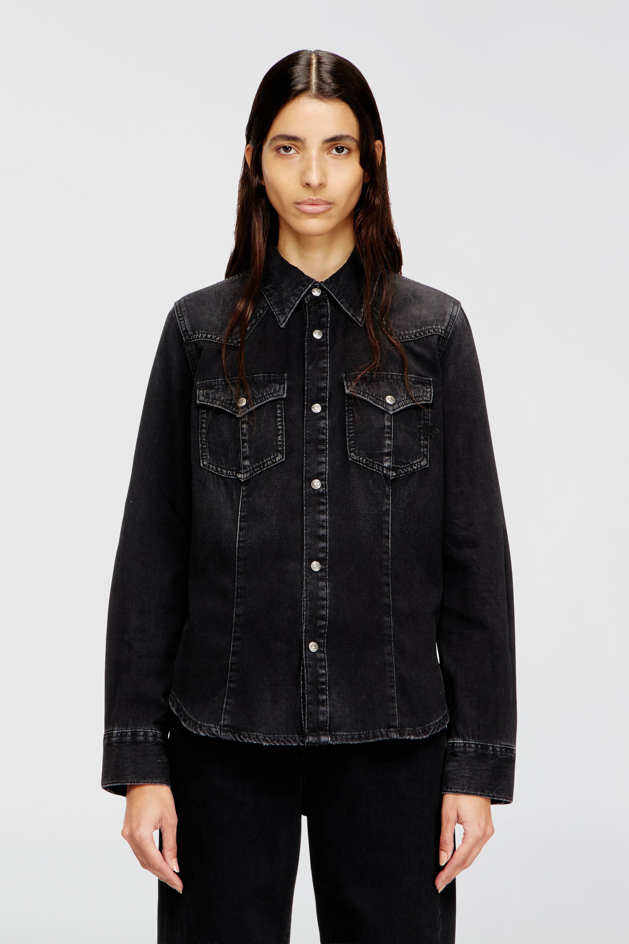 Diesel - DE-WAVES, Woman's Western shirt in treated denim in Black - 1