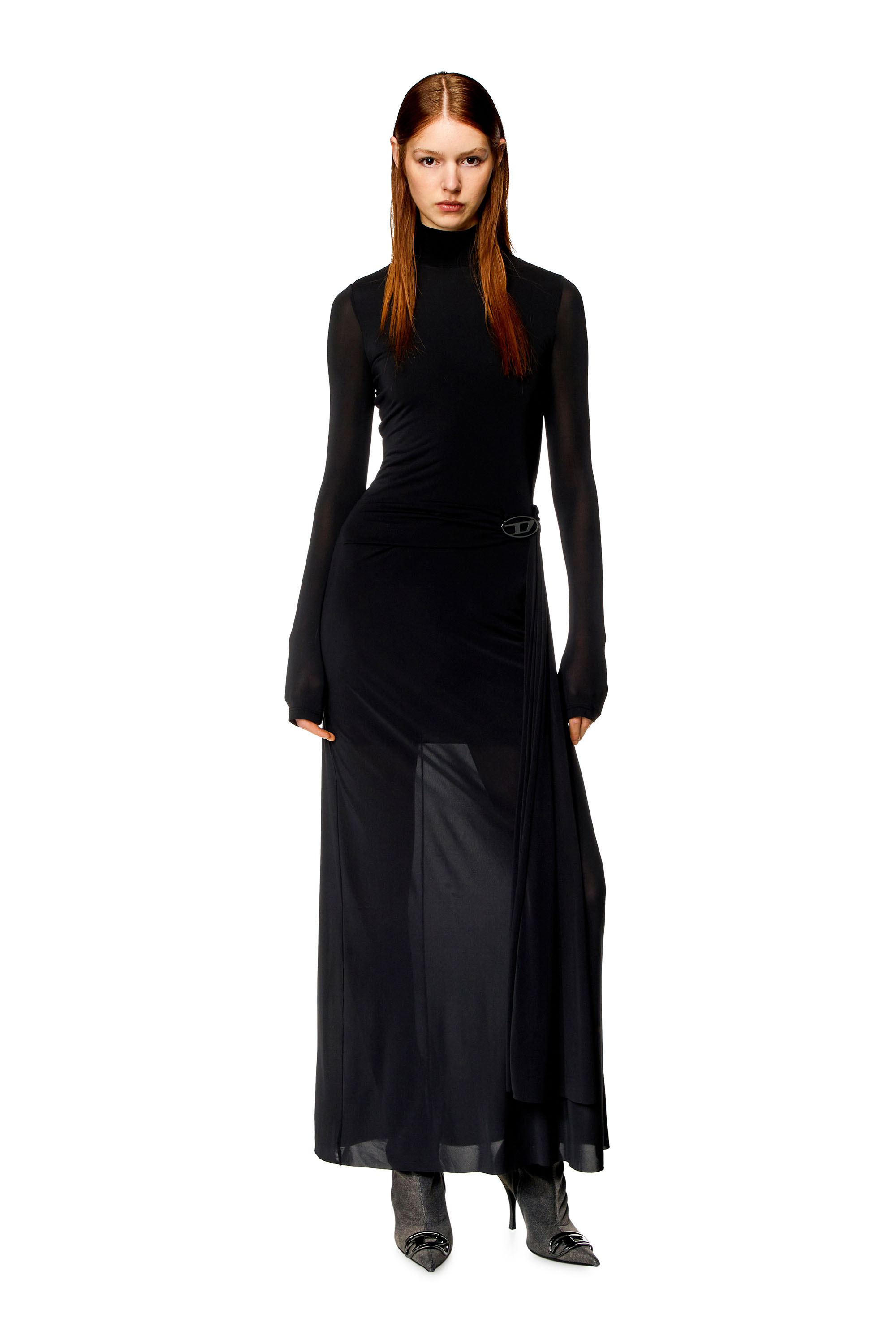 Diesel - D-BLOS, Woman Long turtleneck dress with draped panel in Black - Image 1