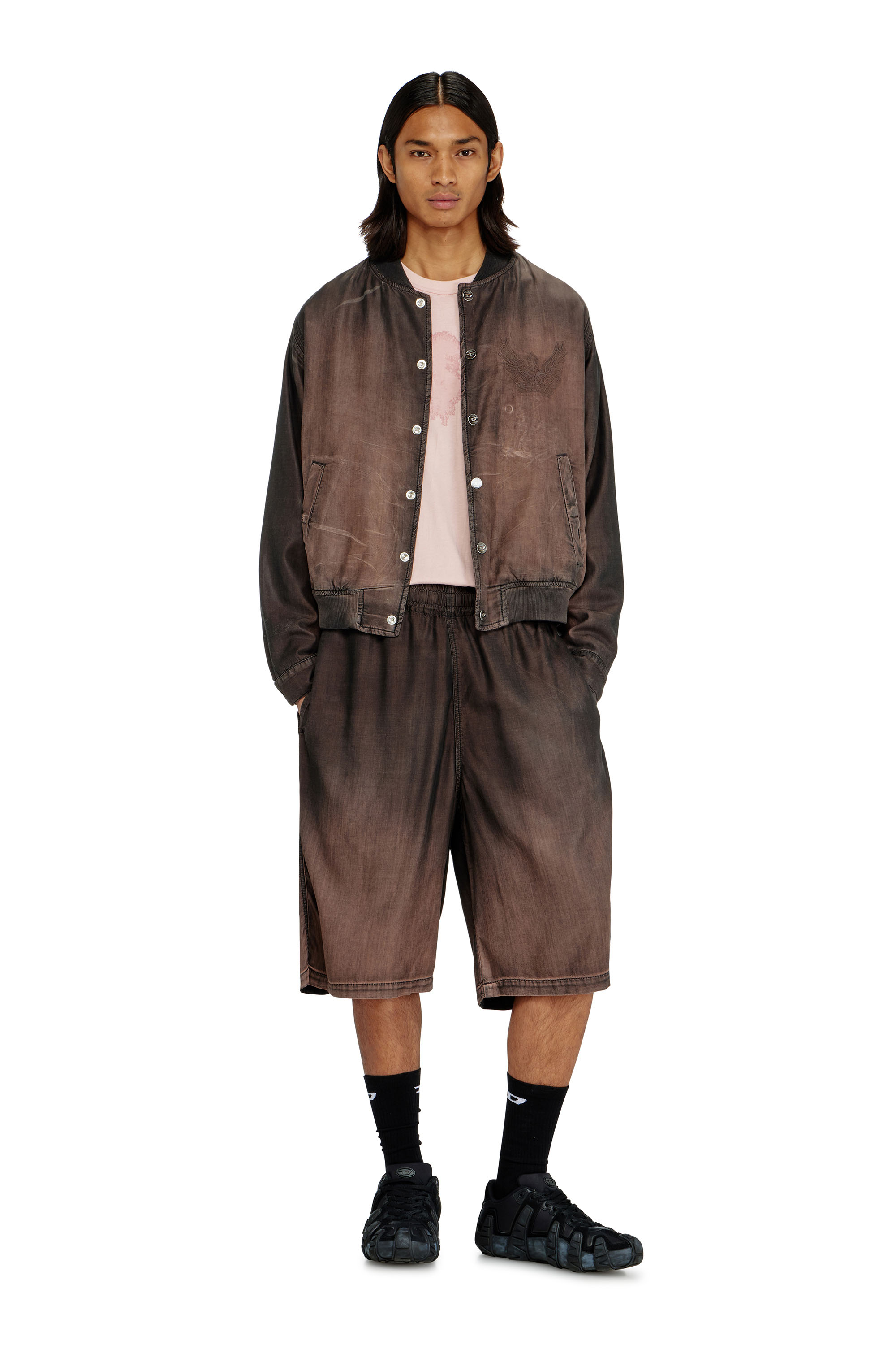 Diesel - D-RODER-SHORT-S, Unisex's Relaxed bermuda shorts in fluid coated denim in Dark Brown - 3