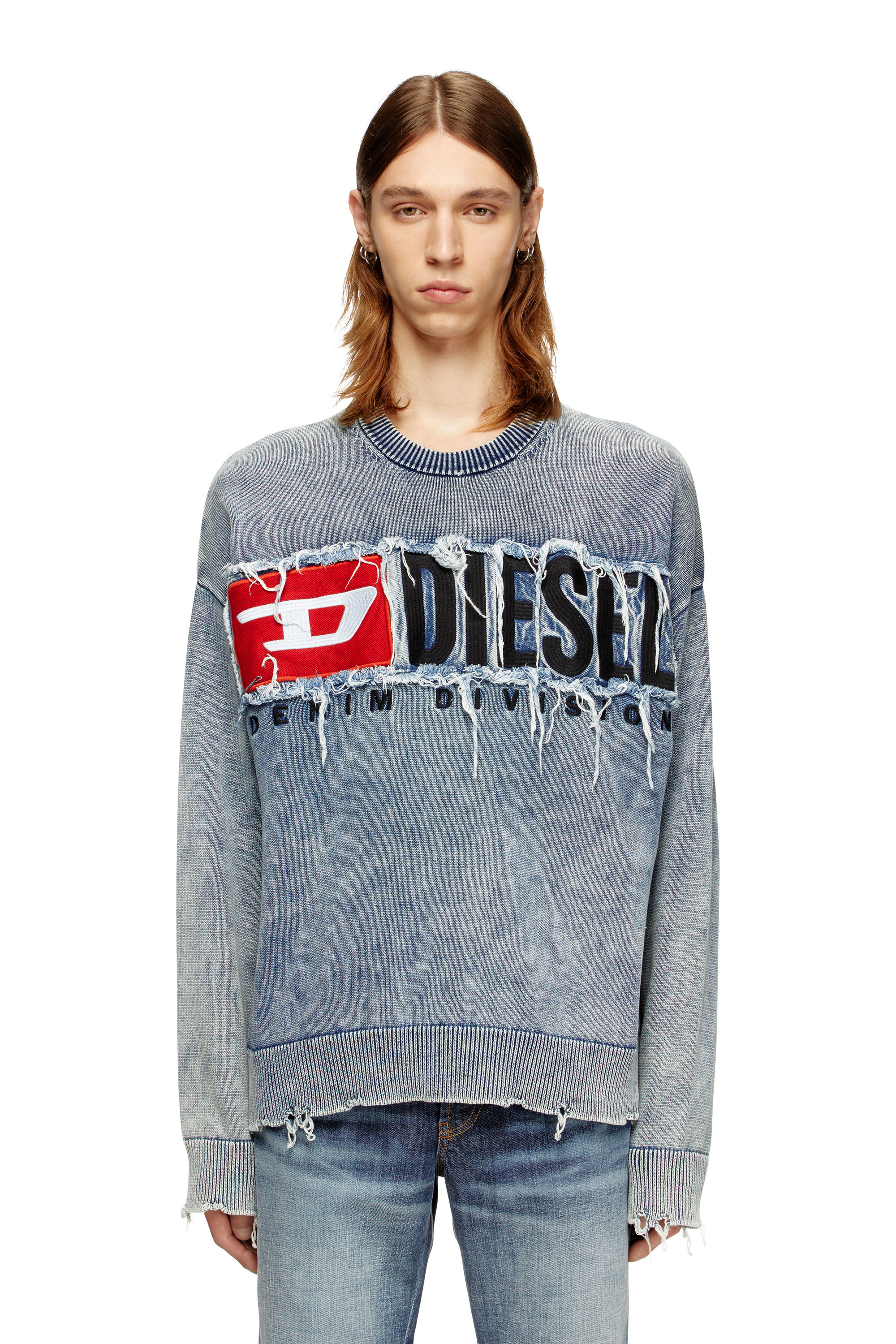 Diesel - K-FRONZI, Man's Cotton jumper with denim logo patch in Blue - 1