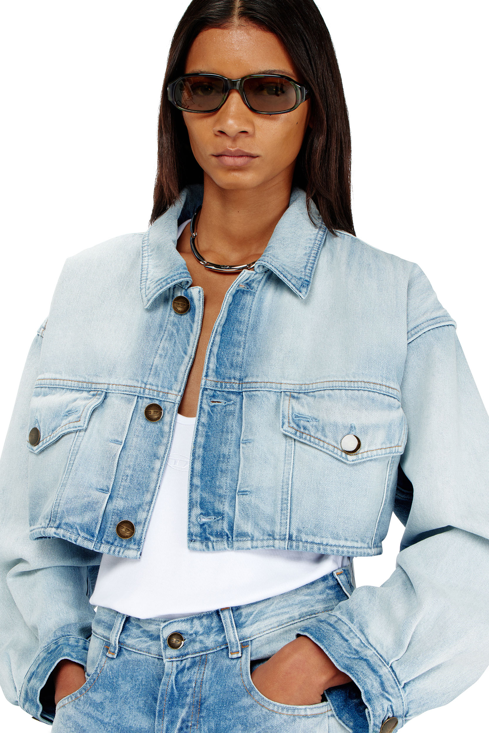 Diesel - DE-MALLEY-S, Woman's Oversized cropped trucker jacket in Light Blue - 4