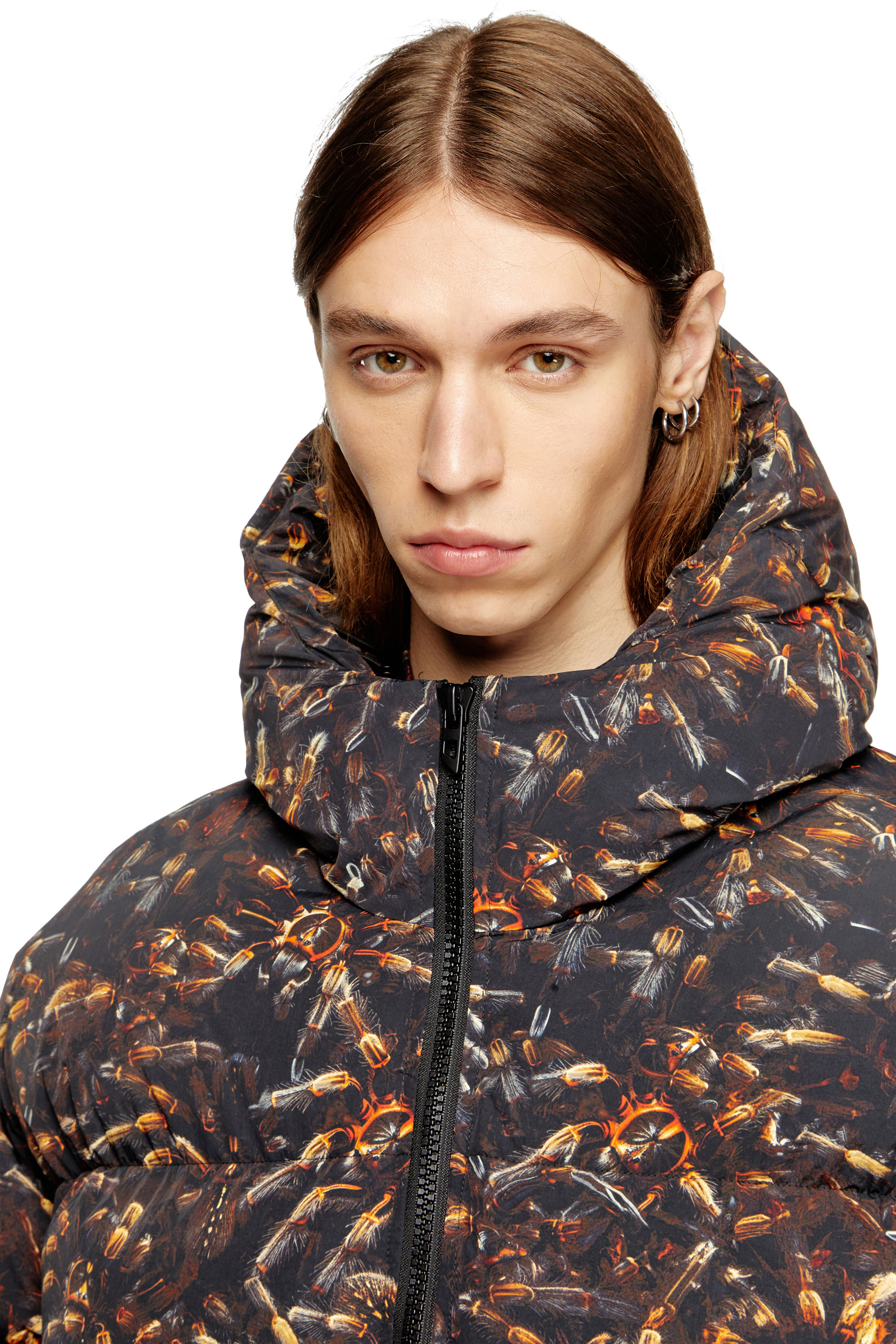 Diesel - W-SPIDER, Man's Hooded puffer jacket with spider print in Black/Brown - 5
