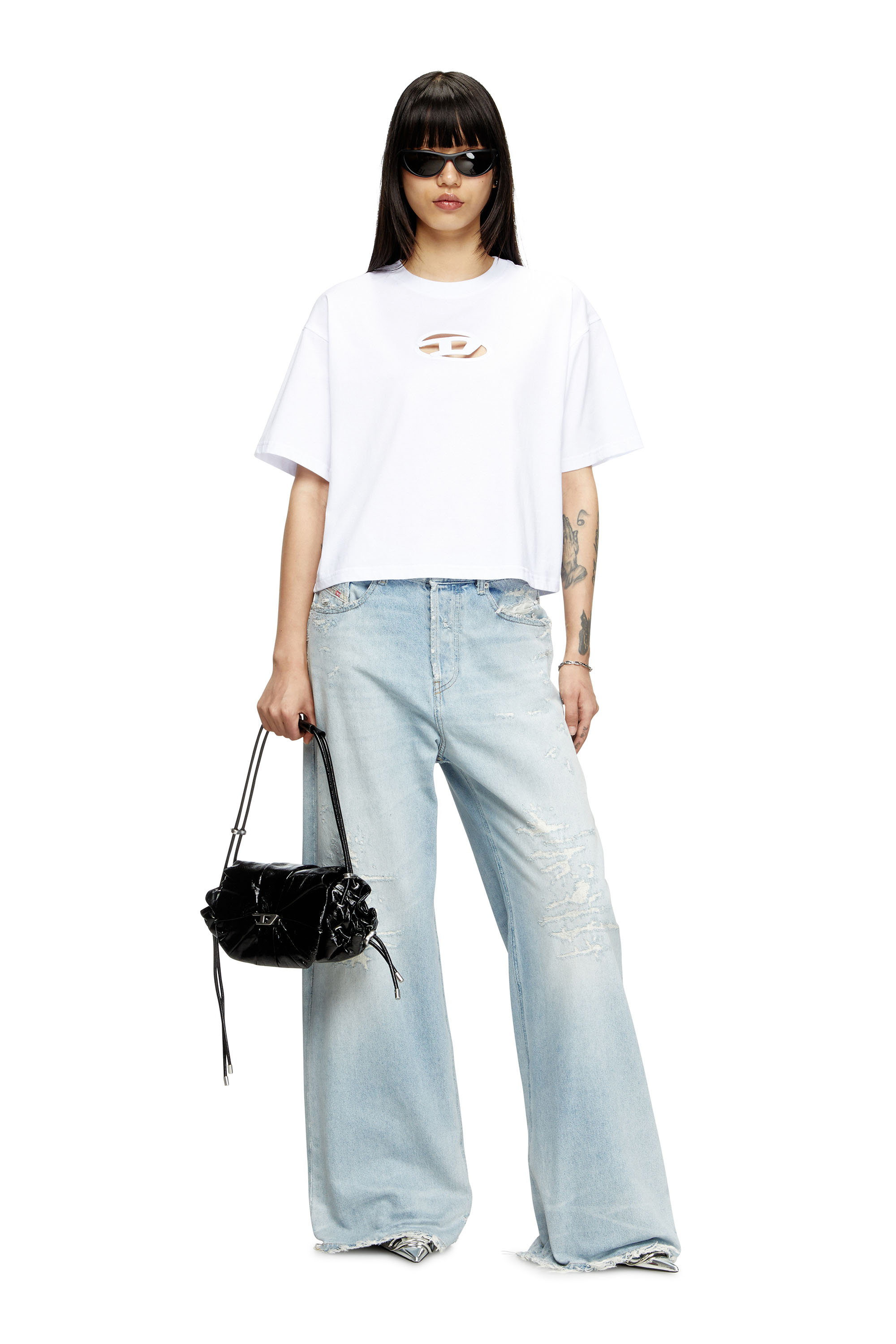 Diesel - T-BUXT-CROP-OD, Woman's Boxy T-shirt with cut-out Oval D logo in White - 1