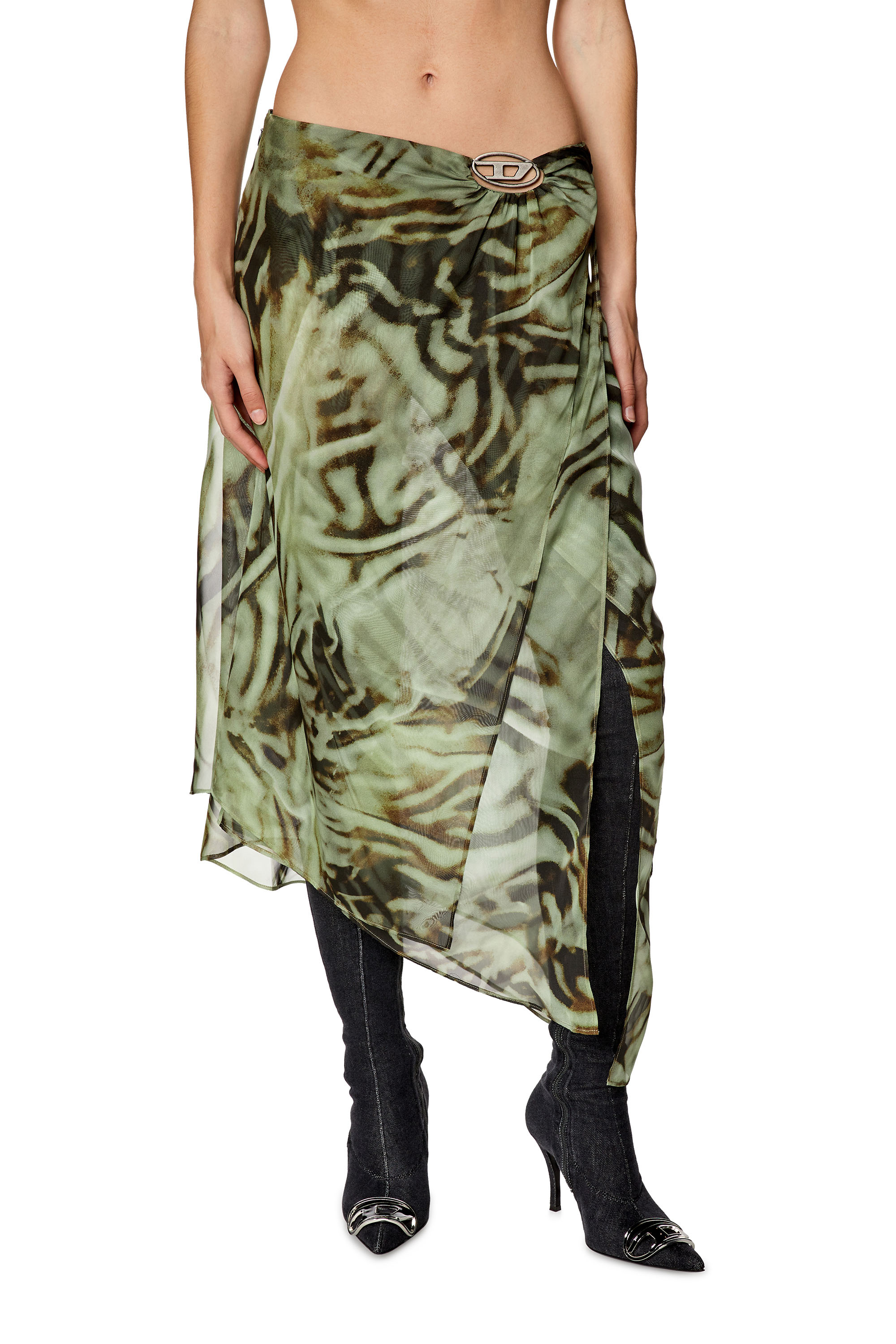 Diesel - O-STENT, Woman Asymmetric midi skirt in camo chiffon in Green - Image 1