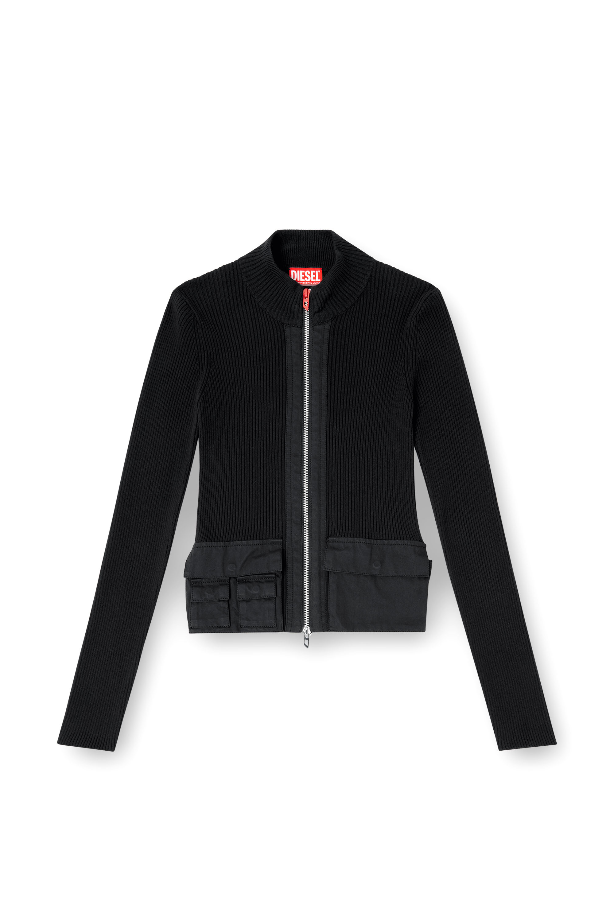 Diesel - M-MELISSA, Woman's Ribbed cardigan with cargo pockets in Black - 3