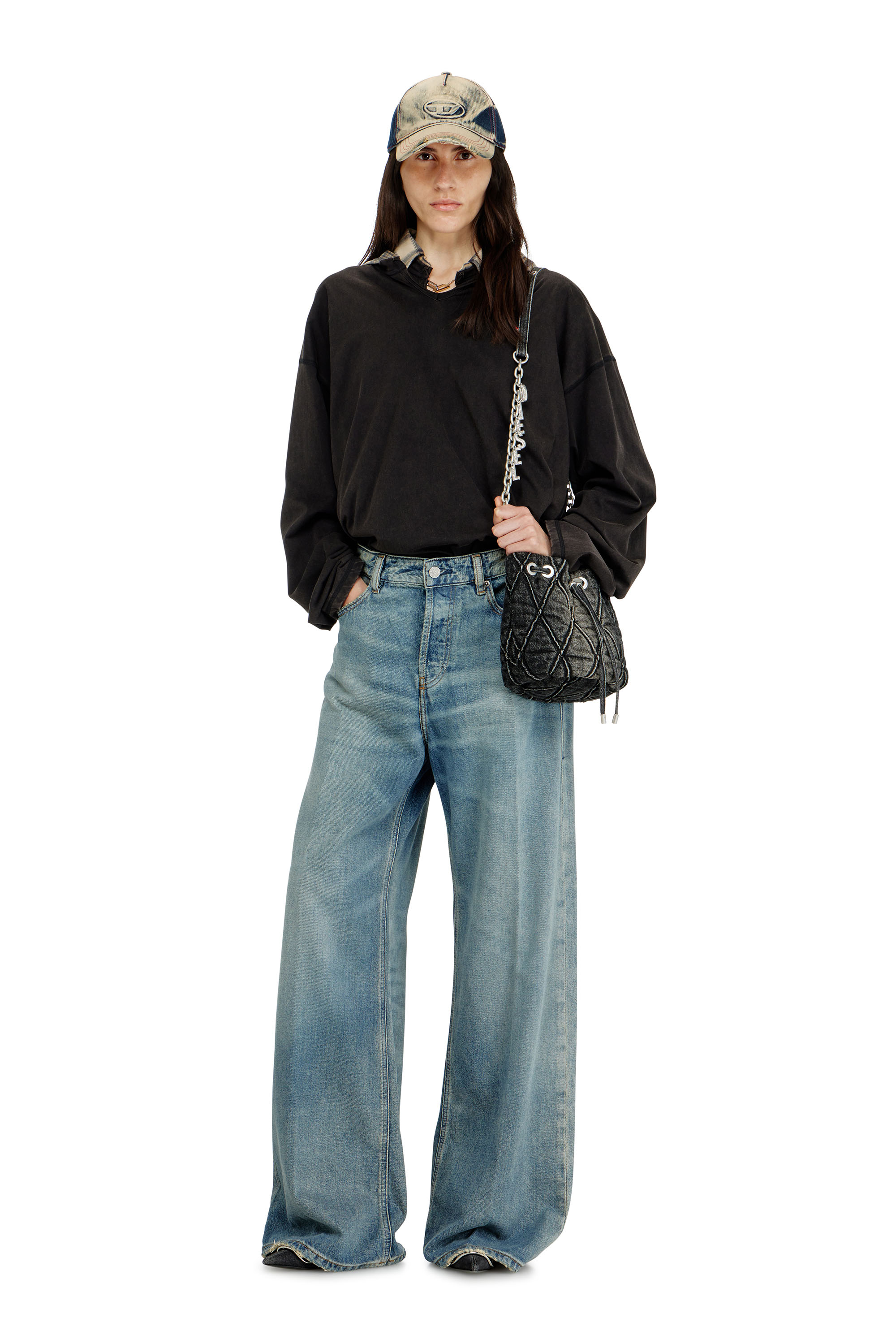 Diesel - CHARM-D BUCKET S, Woman's Charm-D S-Mini bucket bag in treated quilted denim in Black - 2